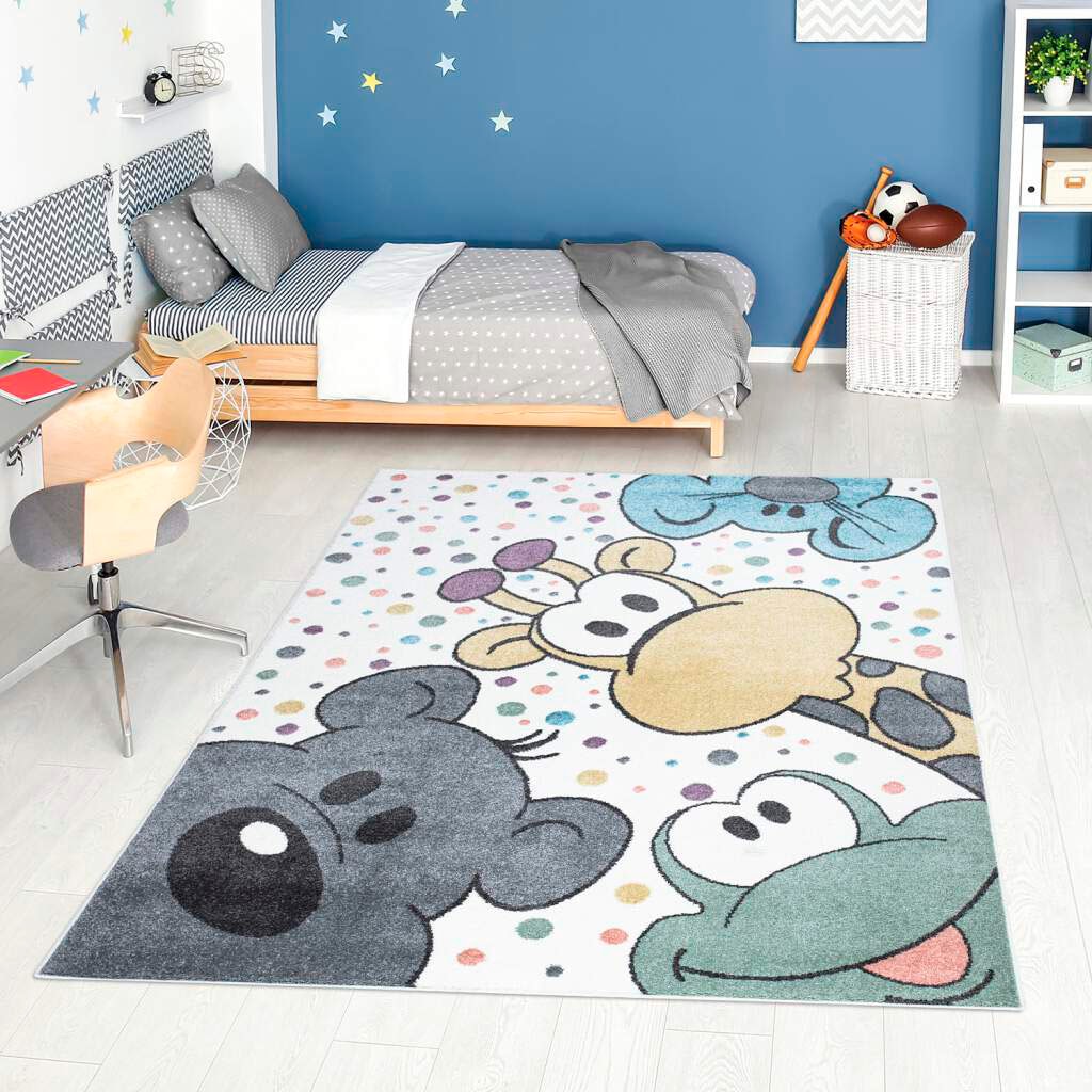 Carpet City Kinderteppich "ANIME913", rechteckig, 11 mm Höhe, Kinderzimmer Teppich Modern mit Mond, Blumen, Wolken, Crem