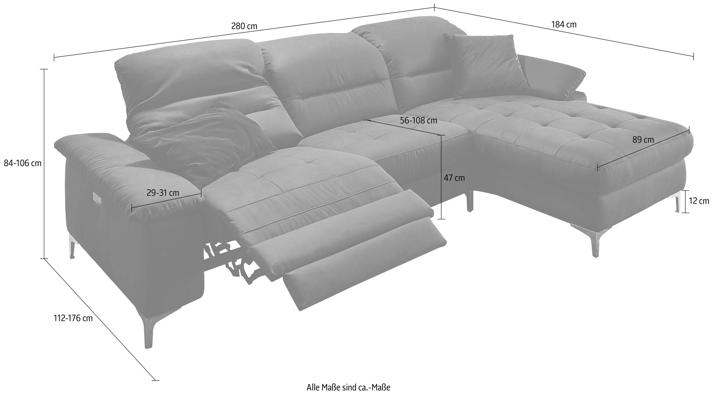Places of Style Ecksofa »Basel L-Form«, mit vollmotorischer Relaxfunktion und motorischer Recamiere
