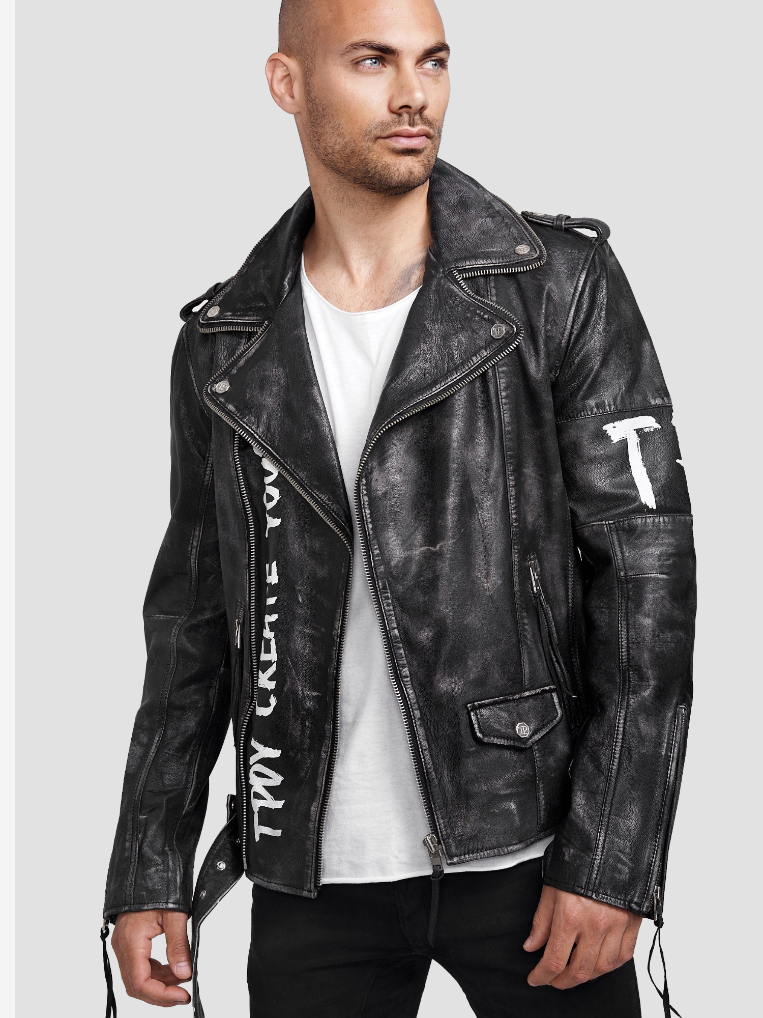 trueprodigy Lederjacke "Russell mit Nieten, Print und Waschung" ohne Kapuze