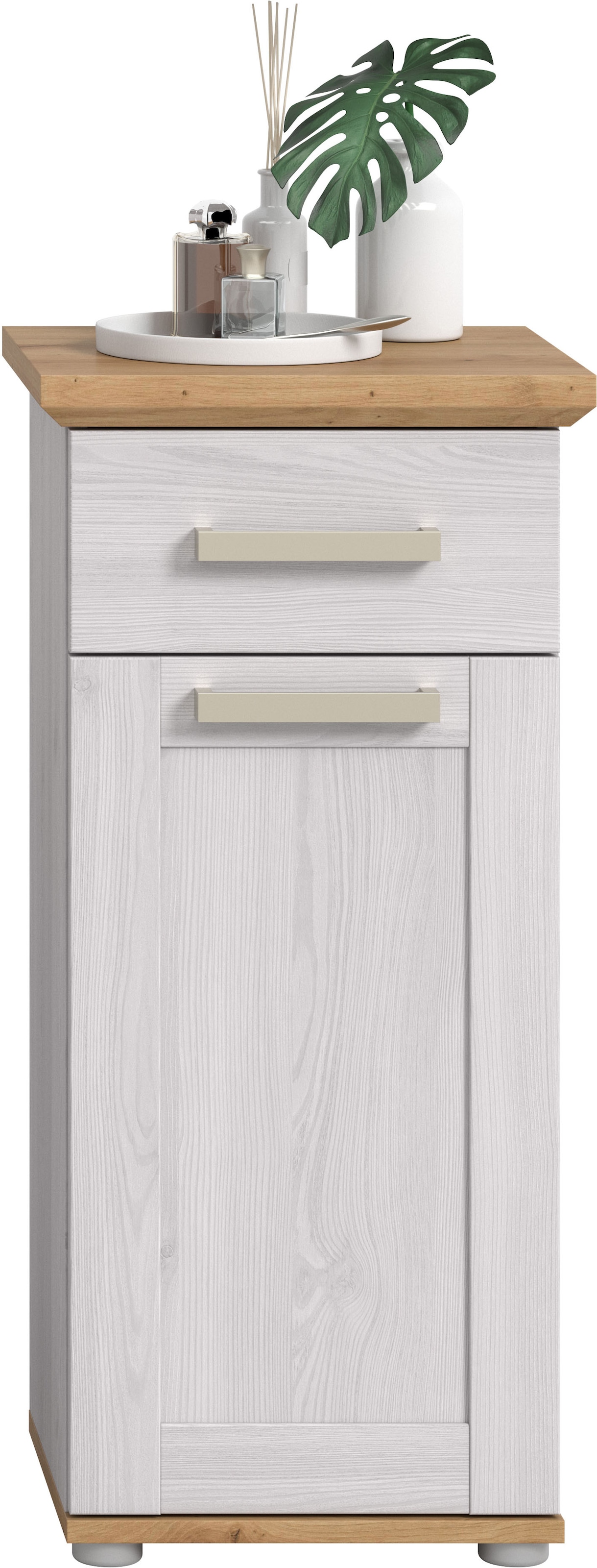 welltime Unterschrank »COSENZA, Höhe 85cm, 1 Tür, 1 Schubkasten, 1 Einlegeboden, 2 Fächer« in Landhausoptik, mit weiteren Artikel der Serie kombinierbar, 1 Stk. tlg. Standschrank, Badezimmerschrank, Bad, Badezimmer