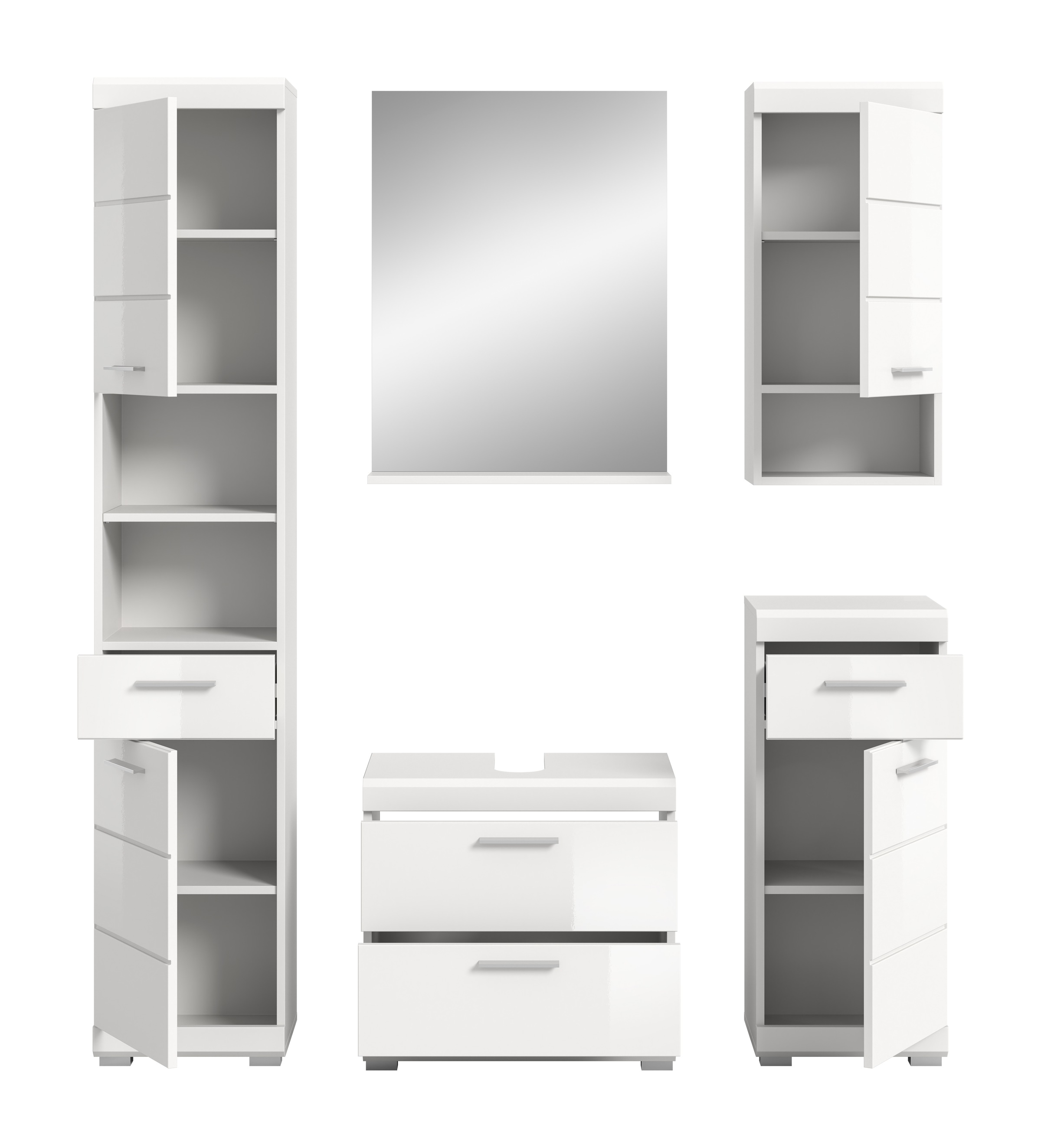 INOSIGN Badmöbel-Set »Siena, 5 teilig, bestehend aus:«, (Set, 5 St.), Hochschrank, WBU, Spiegel, Unterschrank, Hängeschrank
