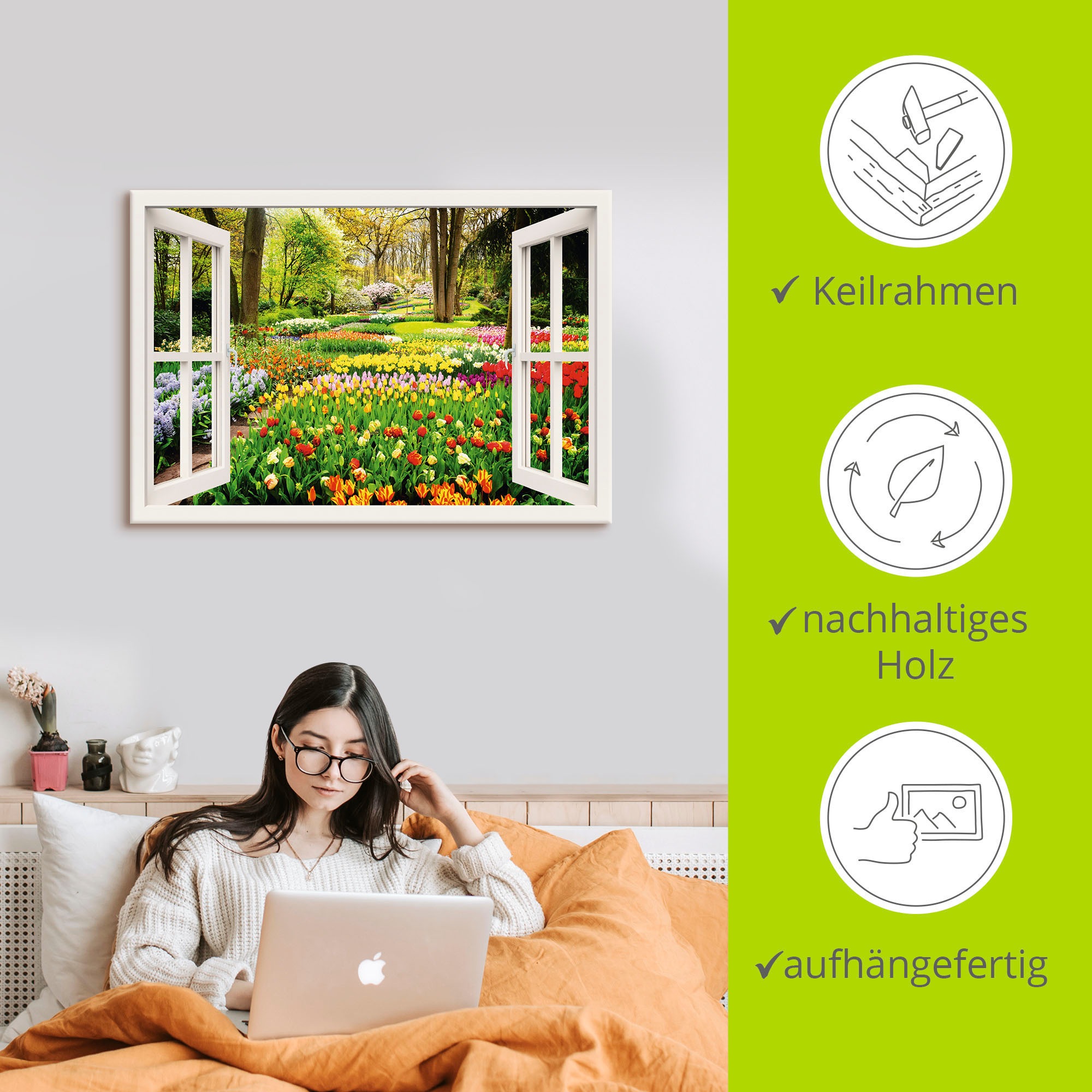 Artland Wandbild »Fensterblick Tulpen Garten Frühling«, Fensterblick, (1 St.), als Alubild, Outdoorbild, Leinwandbild, Poster, Wandaufkleber
