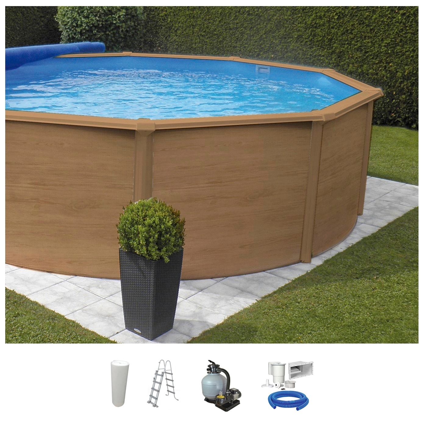 KWAD Rundpool "Wood Design, inkl. Sicherheitsleiter und Zubehör" 5-tlg., H: 132 cm, sandfarbene Innenfolie