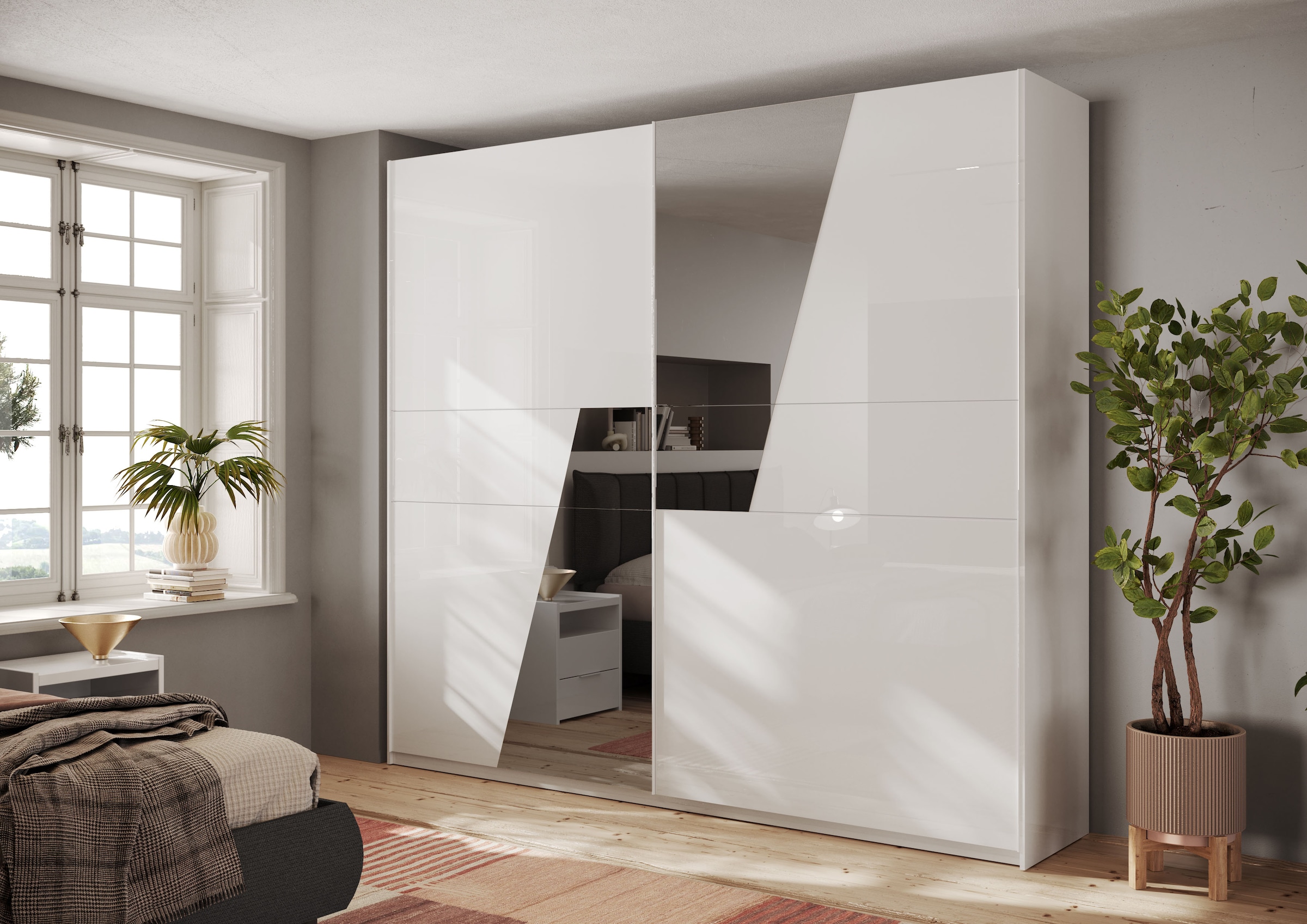 INOSIGN Schwebetürenschrank »Malmo, Kleiderschrank mit 2 Schiebetüren, Breite 276 cm, Höhe 240 cm,«, Weiß Hochglanz Lack, Front mit Spiegelfläche, Griffleisten aus Metall
