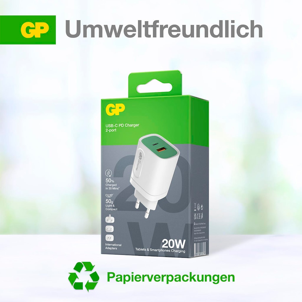 GP Batteries USB-Ladegerät »Steckerlader 20W PD 2 USB-Anschlüsse Typ A&C Inkl. int. Stecker«, ideal zum Laden von Smartphones, Tablets, Smartwaches, Kopfhörern uvm