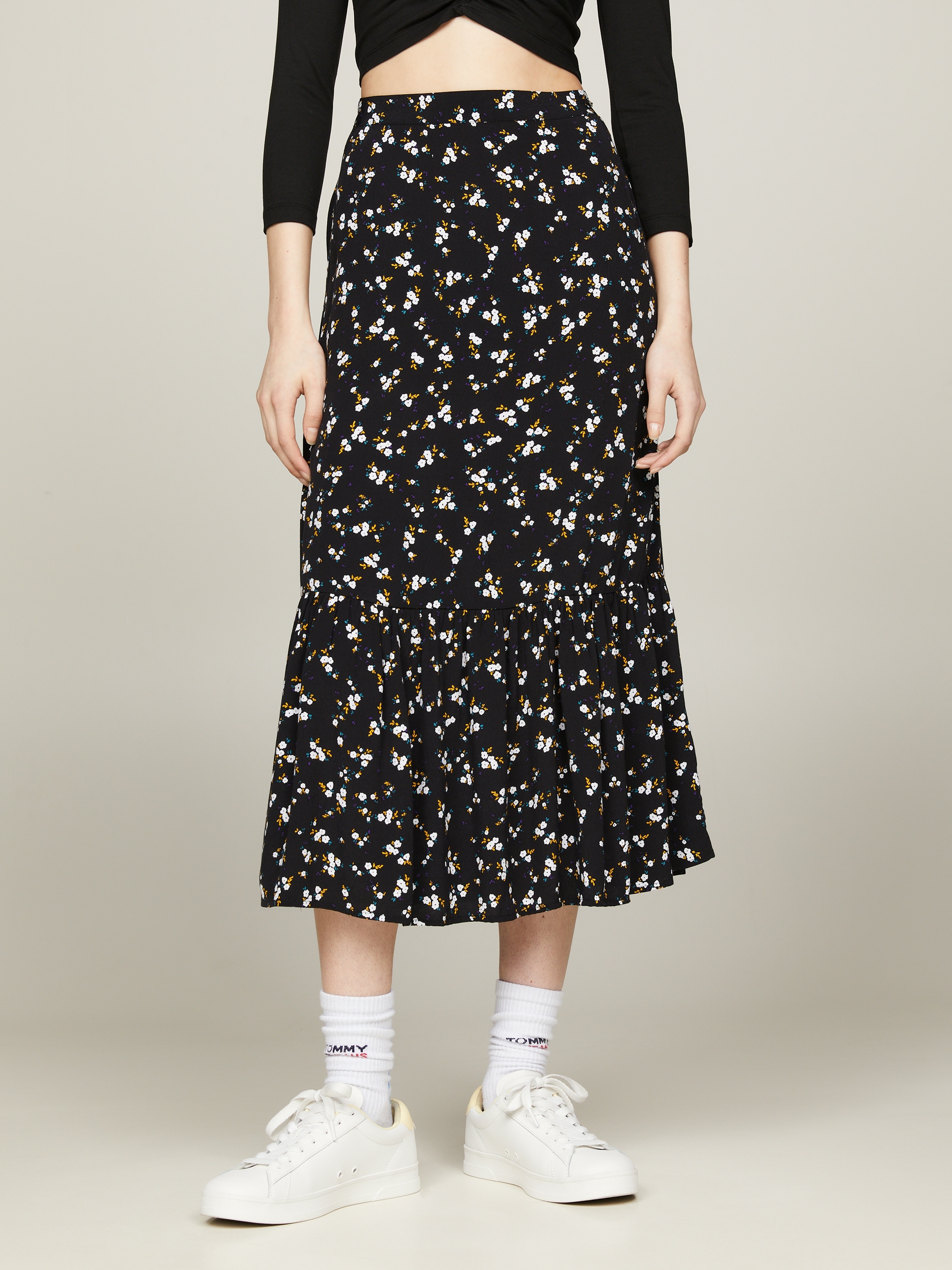 Tommy Jeans A-Linien-Rock »TJW FLORAL RUFFLE MIDI SKIRT EXT«, Webrock Mit Tommy Jeans Markenlabel