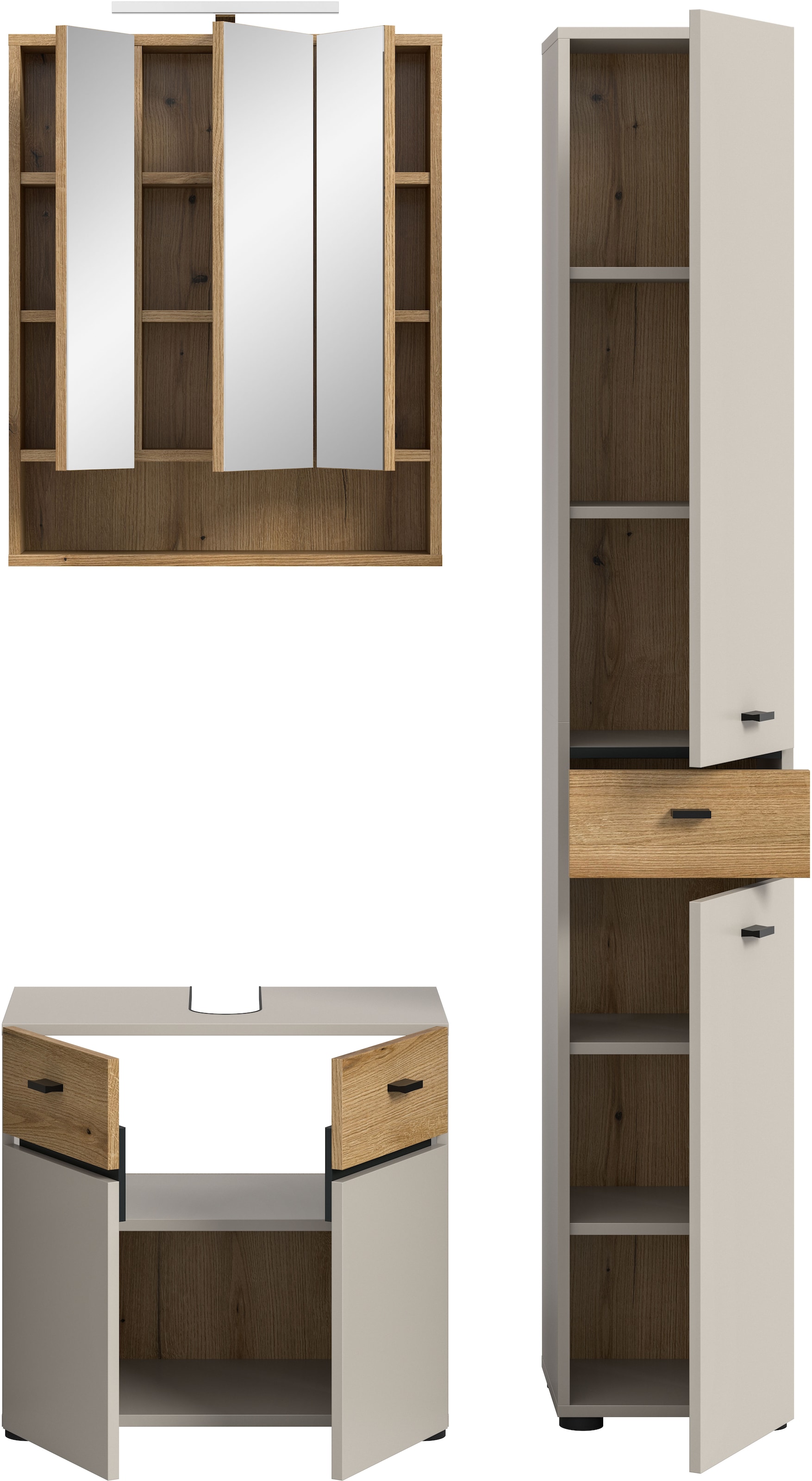 welltime Badmöbel-Set »VANN, 3-teilige moderne Badkombination, inkl. Beleuchtung« Waschbeckenunterschrank, Spiegelschrank inkl. Beleuchtung, Hochschrank, 3 Stk. tlg.