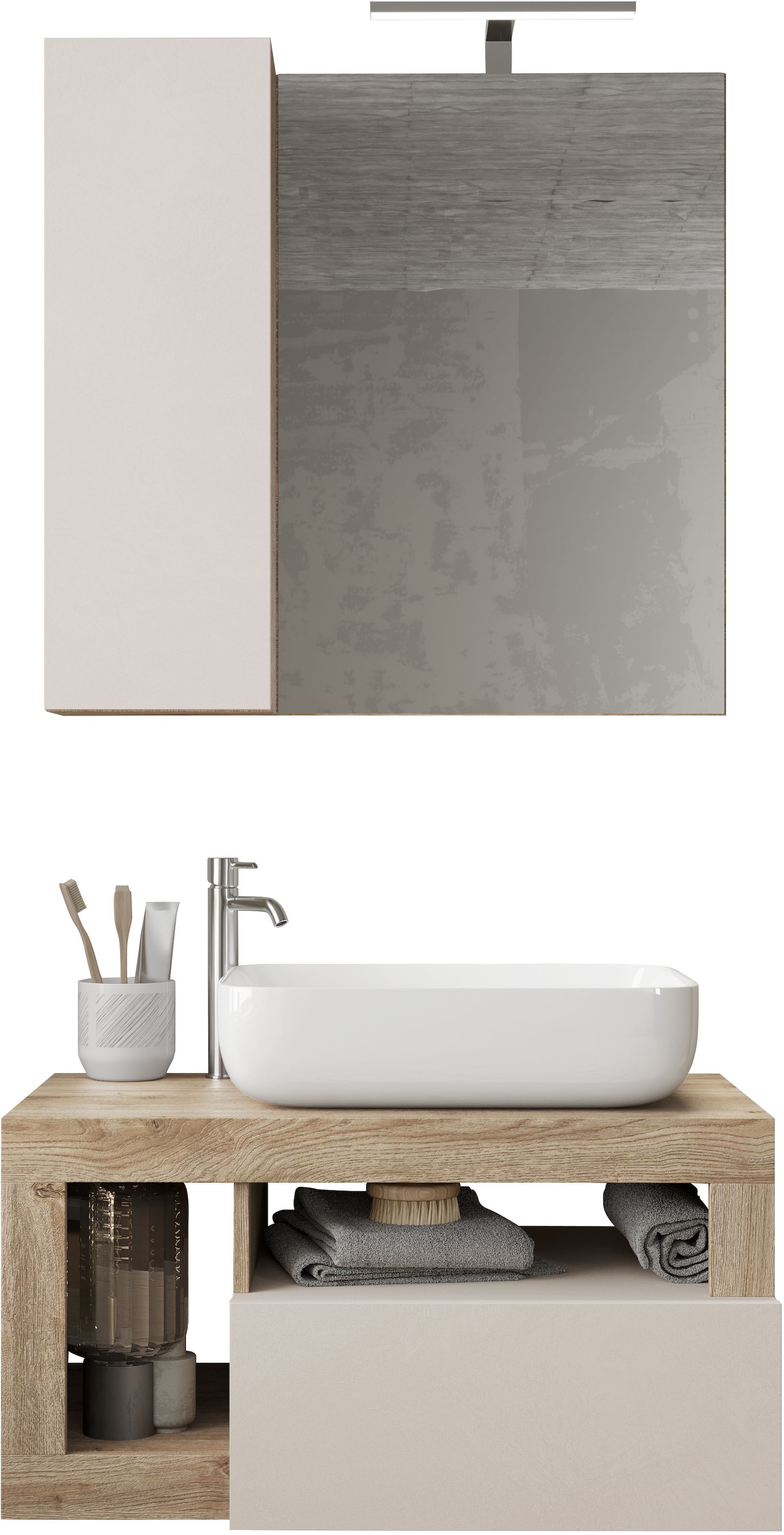 welltime Badmöbel-Set »Hamburg, Badezimmerset 2tlg. Breite 79 cm, Badmöbel, Waschtisch inkl.«, (Spar-Set, 2 St.), Waschbecken, Spiegelschrank mit LED Aufbauleuchte, Soft-Close-Funktion