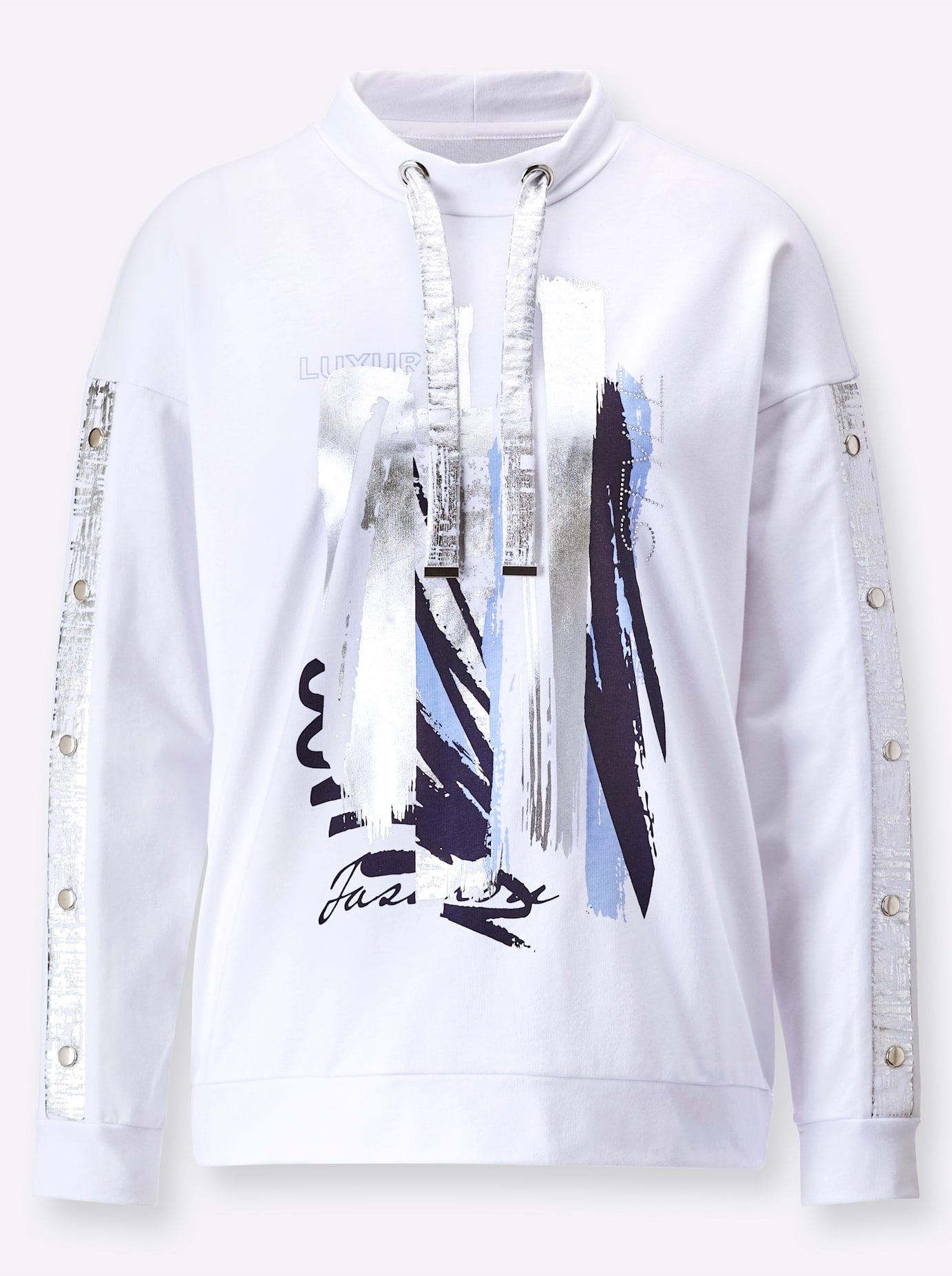 Sweatshirt CREATION L, Damen, Gr. 42, silber (weiß, silberfarben, bedruckt), 50% Baumwolle, 50% Polyester, gemustert, unifarben, Sweatshirts Sweatshirt 3