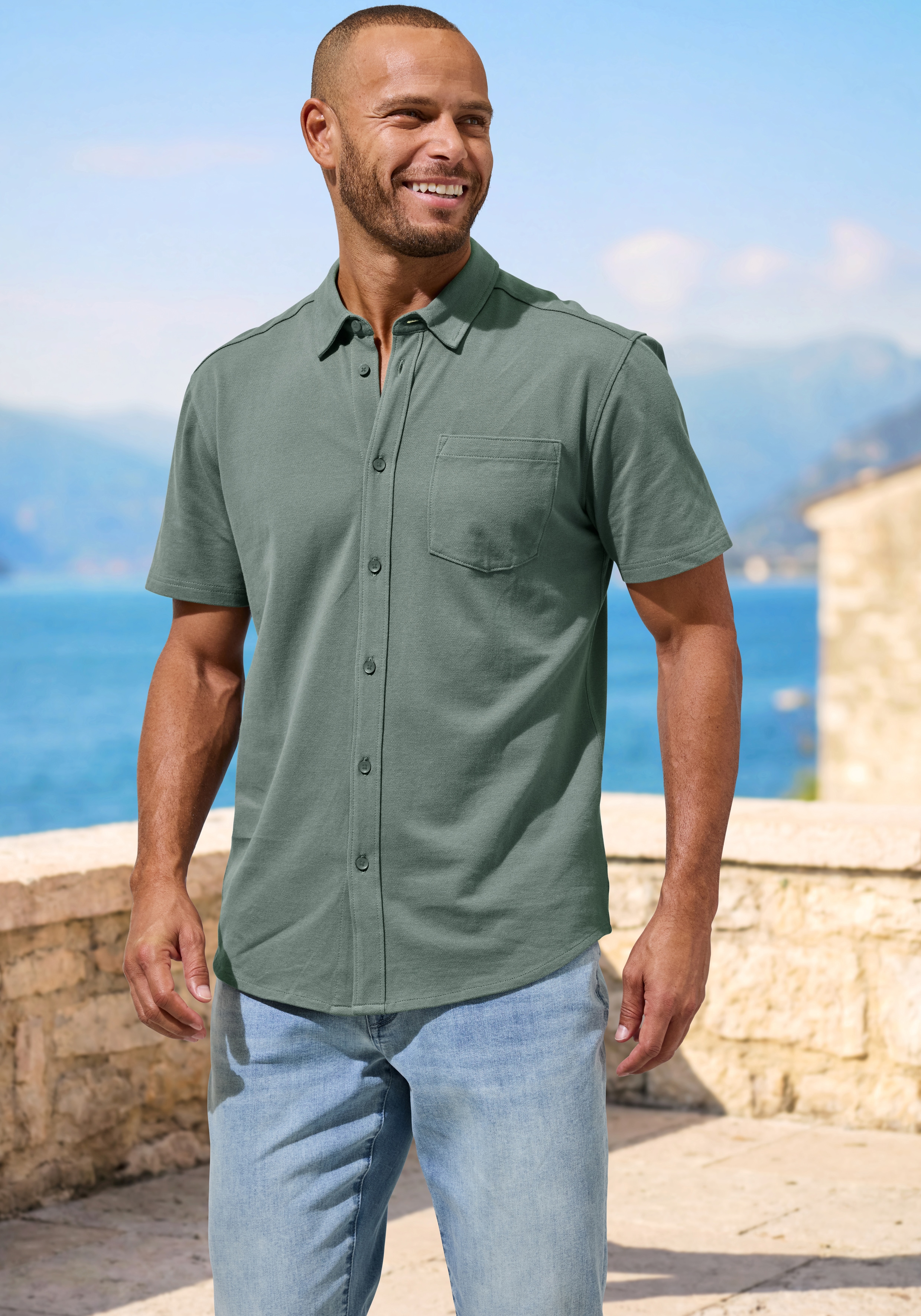 H.I.S "- leicht strukturiertes Piqué Hemd aus angenehmer Shirt-Qualität" klassischer Kragen, tonige Knöpfe, weiche Baumwoll-Pikee-Qualität