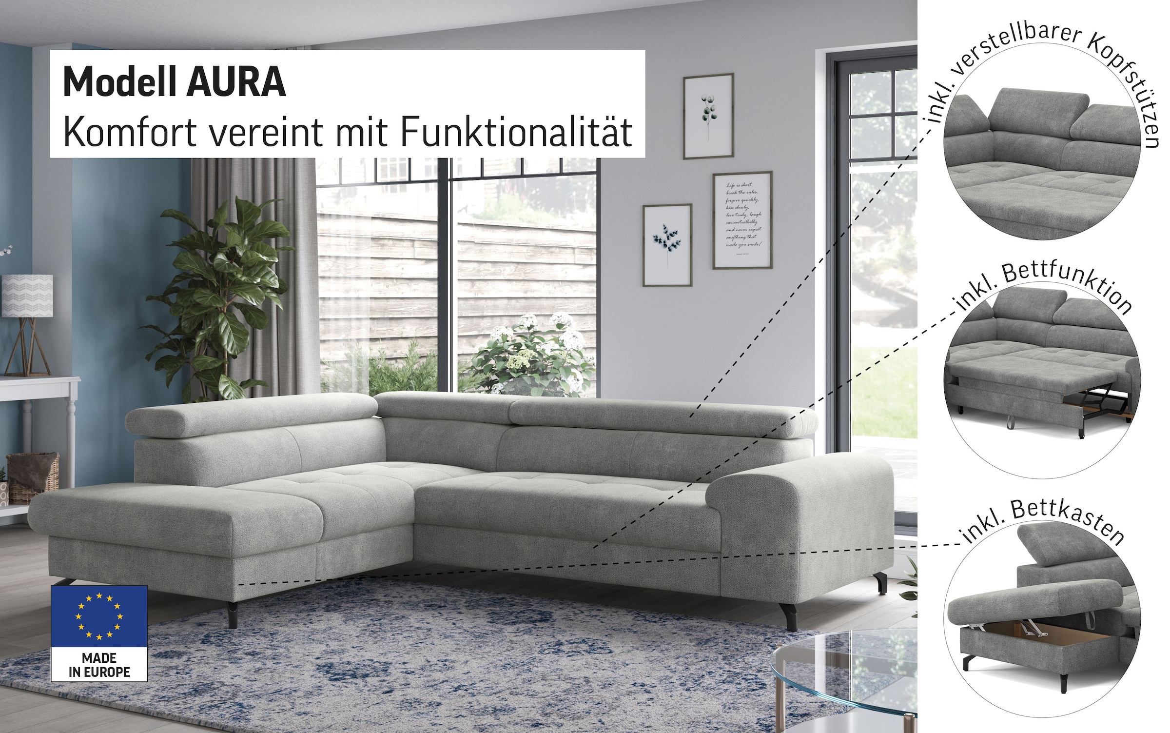 COTTA Ecksofa »Aura L-Form«, mit Schlaffunktion, Bettkasten und Kopfteilverstellung