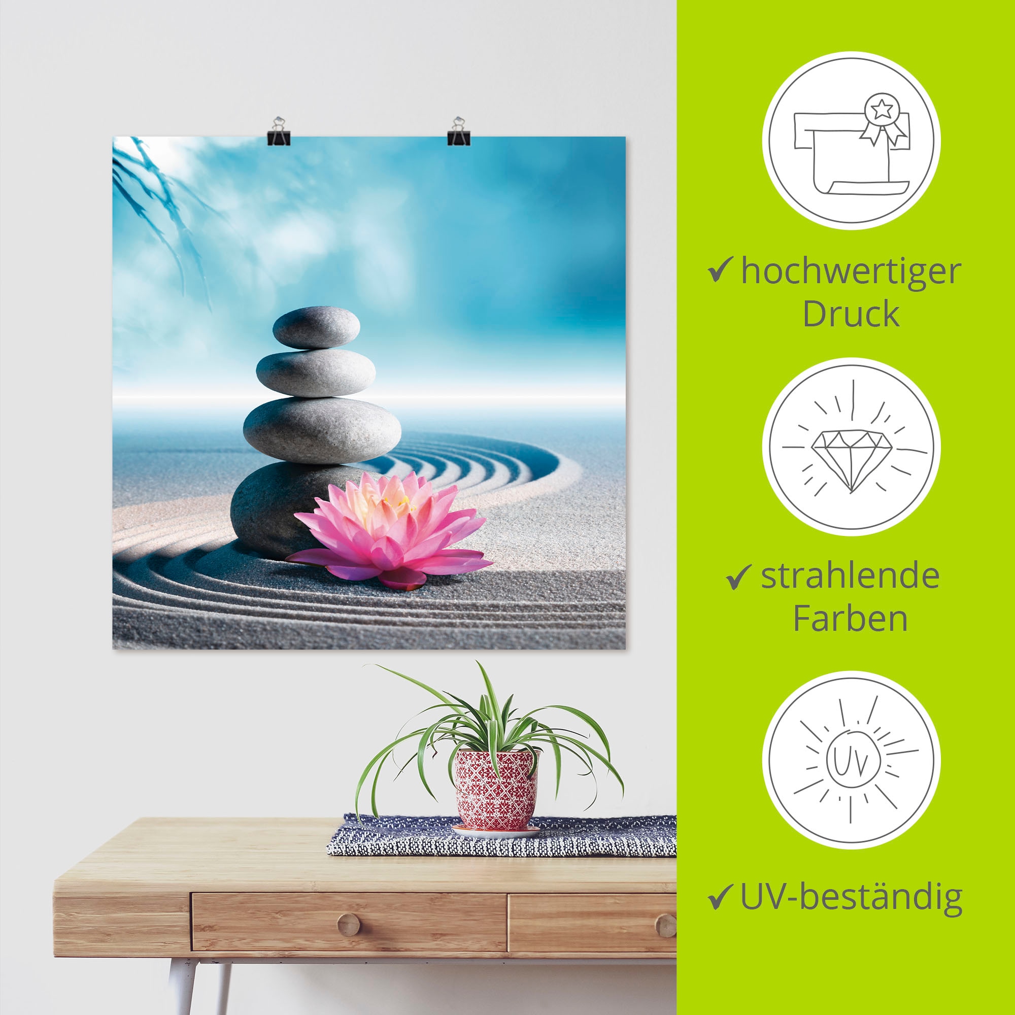 Artland Wandbild »Sand, Lilie und Spa-Steine in Zen-Garten«, Zen, (1 St.), als Alubild, Outdoorbild, Leinwandbild, Poster in verschied. Größen