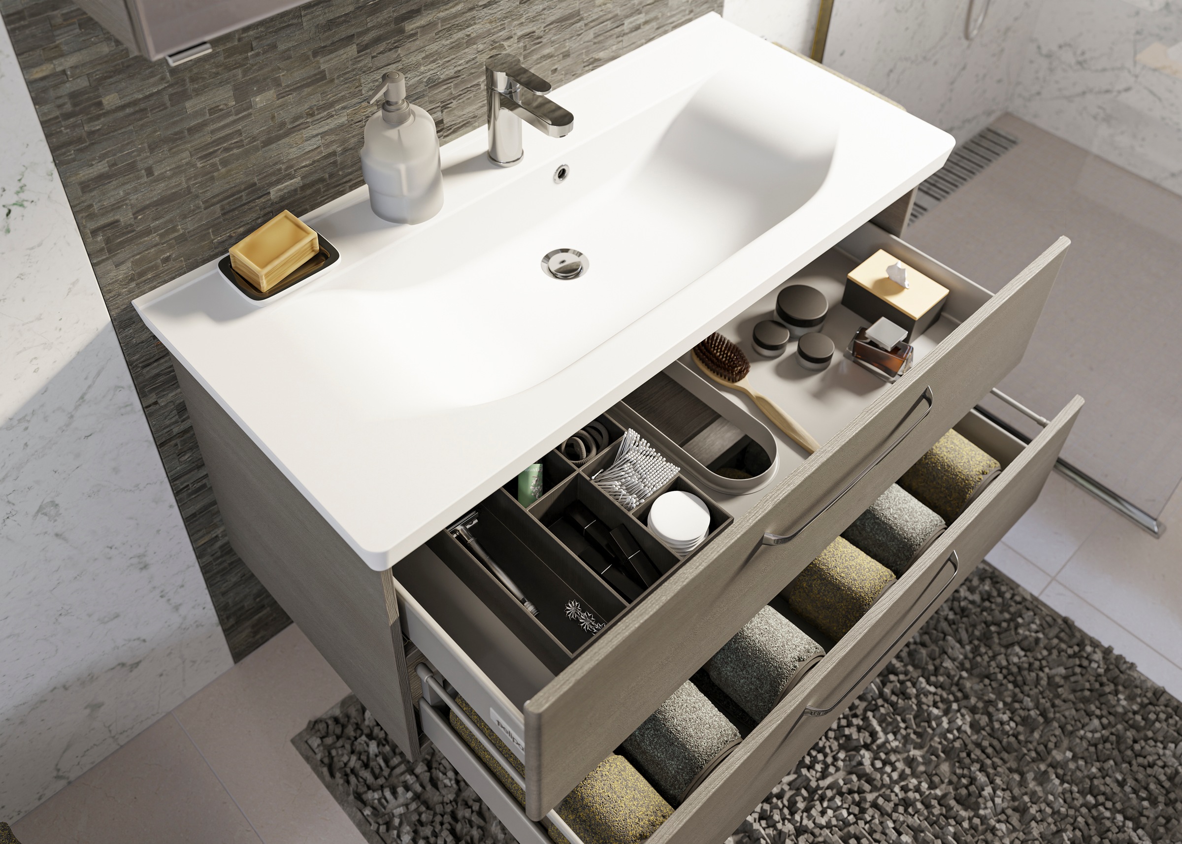 Saphir Badmöbel-Set »Trentino 2-tlg Mineralmarmor-Waschtisch, Spiegelschrank mit LED-Profil«, (3 St.), Badmöbel-Set 110cm breit, inkl. Türdämpfer, 3 Türen, 2 Auszügen
