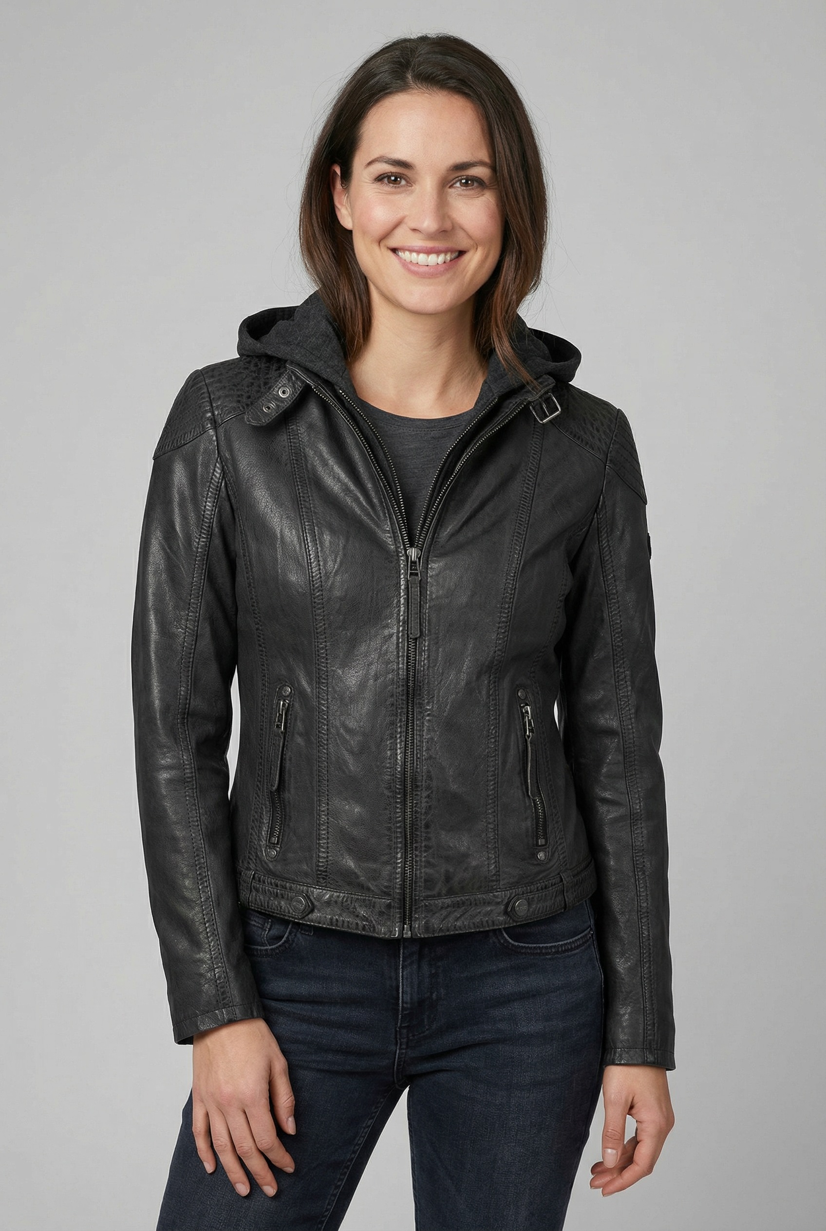 Mauritius Lederjacke "Cacey LEGV" mit Kapuze mti Kapuze, Reißverschluss, Zi günstig online kaufen