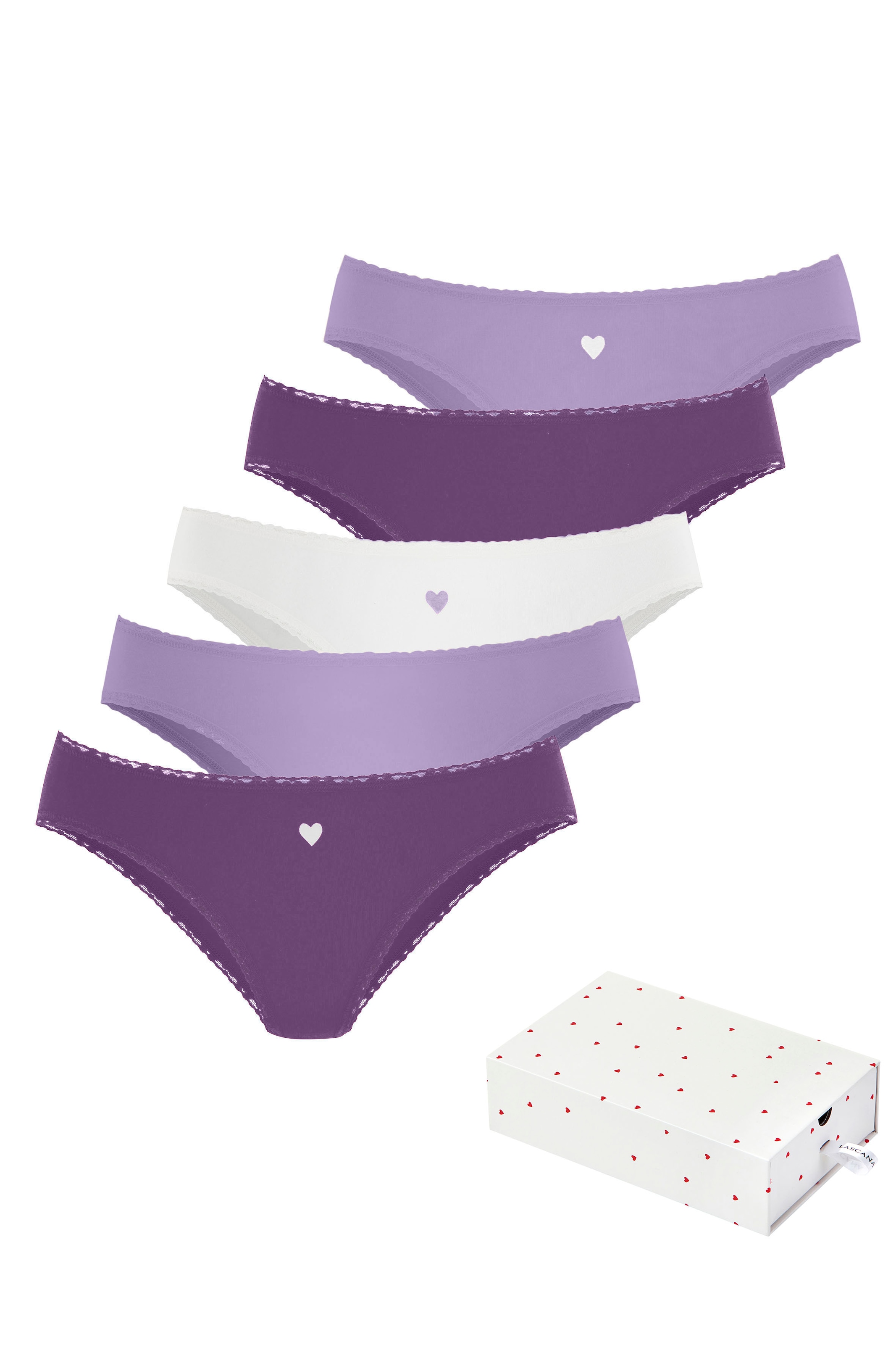 LASCANA Jazz-Pants Slips "Geschenk Box" 5er-Pack, mit süßen Herzchen-Prints und aus elastischer Baumwoll-Qualität