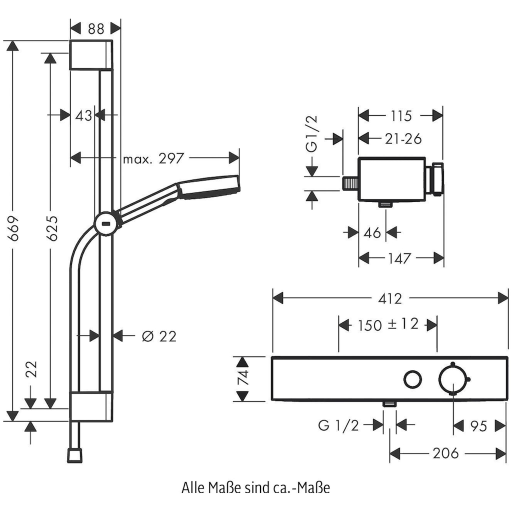 hansgrohe Duschsystem »10,5cm, mit Duschkopf, Thermostat, Duschstange und Duschschlauch«, (Komplett-Set)