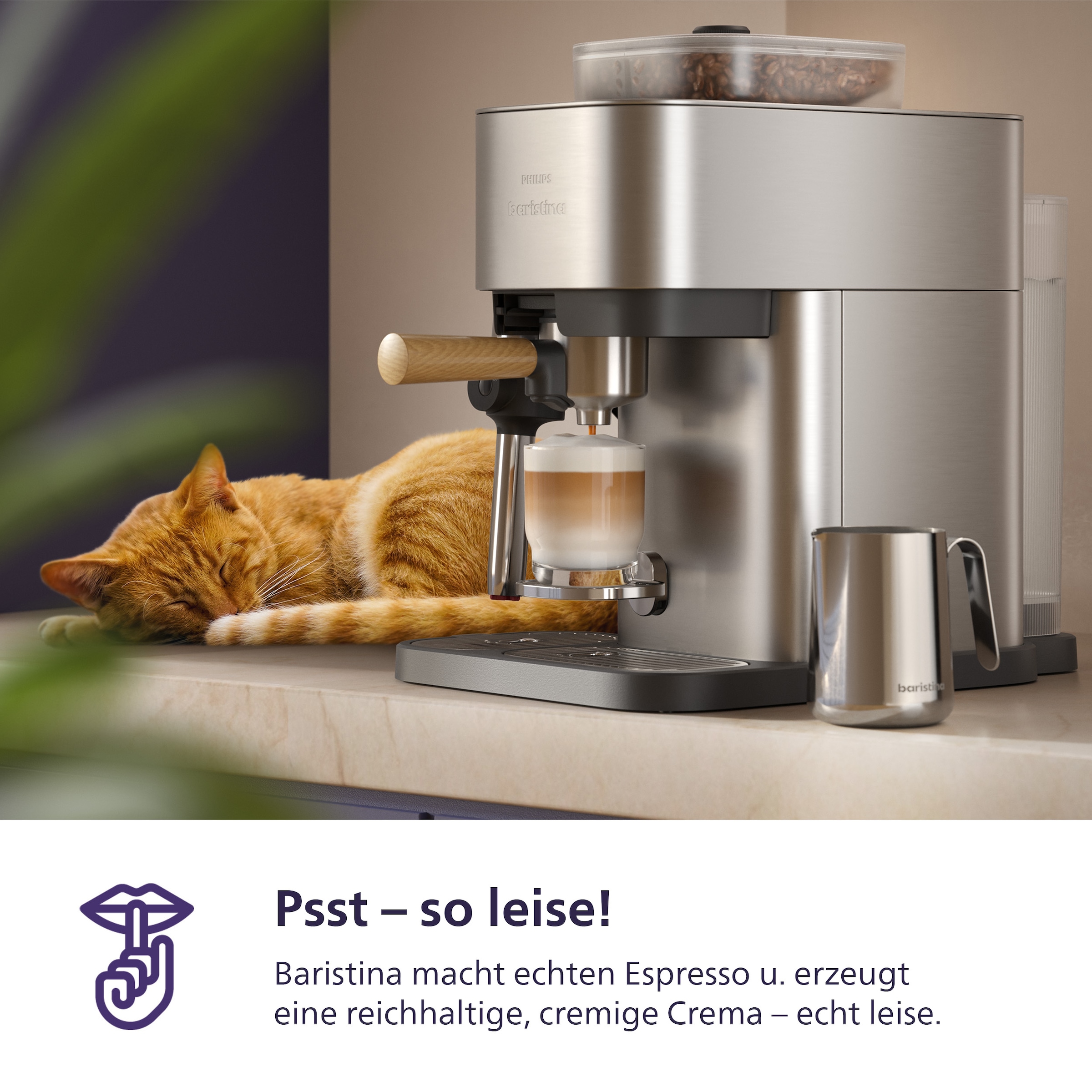 PHILIPS baristina Espressomaschine »Latte Plus BAR700/00 mit Mahlwerk für ganze Bohnen« automatische Milchdüse, 16 bar Pumpendruck, Edelstahl/Eschenholz