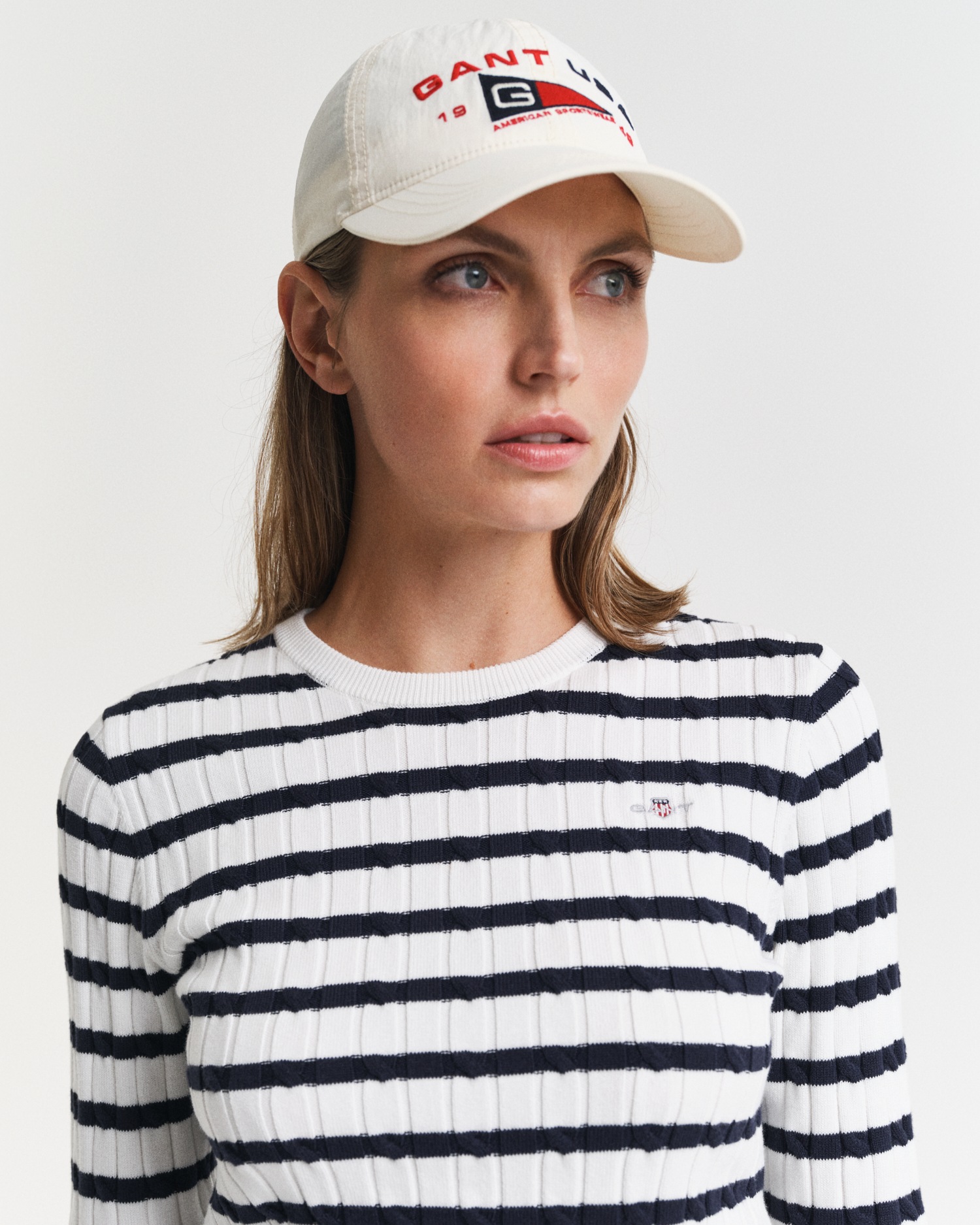 Rundhalspullover GANT "STRETCH COTTON CABLE STRIPE C-NECK", Damen, Gr. XL, weiß (eggshell), Strick, Obermaterial: 88% Baumwolle, 10% Polyamid, 2% Elasthan, slim fit, Rundhals, Rippbündchen, Pullover Rundhalspullover 2