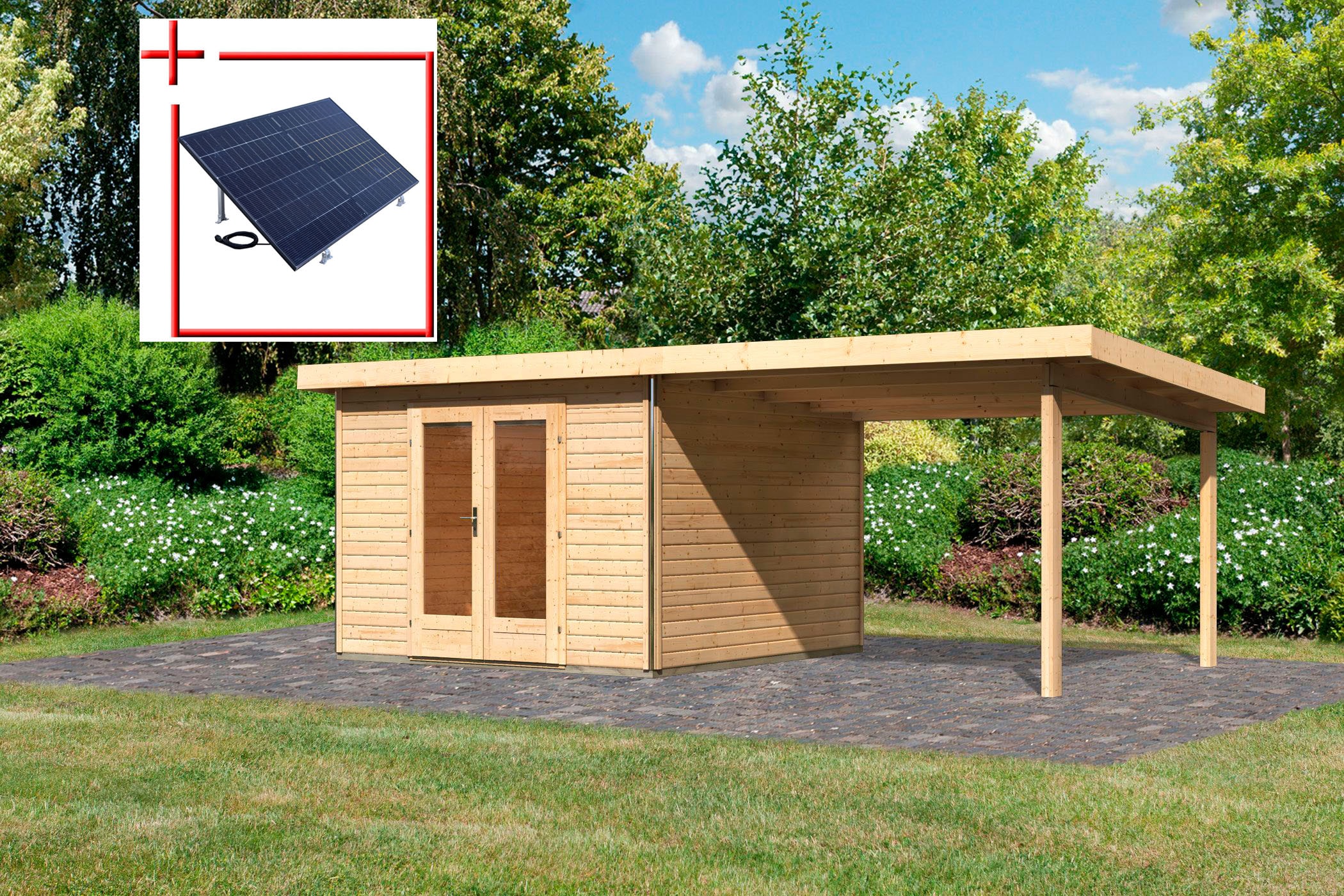 Karibu Gartenhaus "Rabensee 1" mit Anbaudach 3,30 m, naturbelassen günstig online kaufen