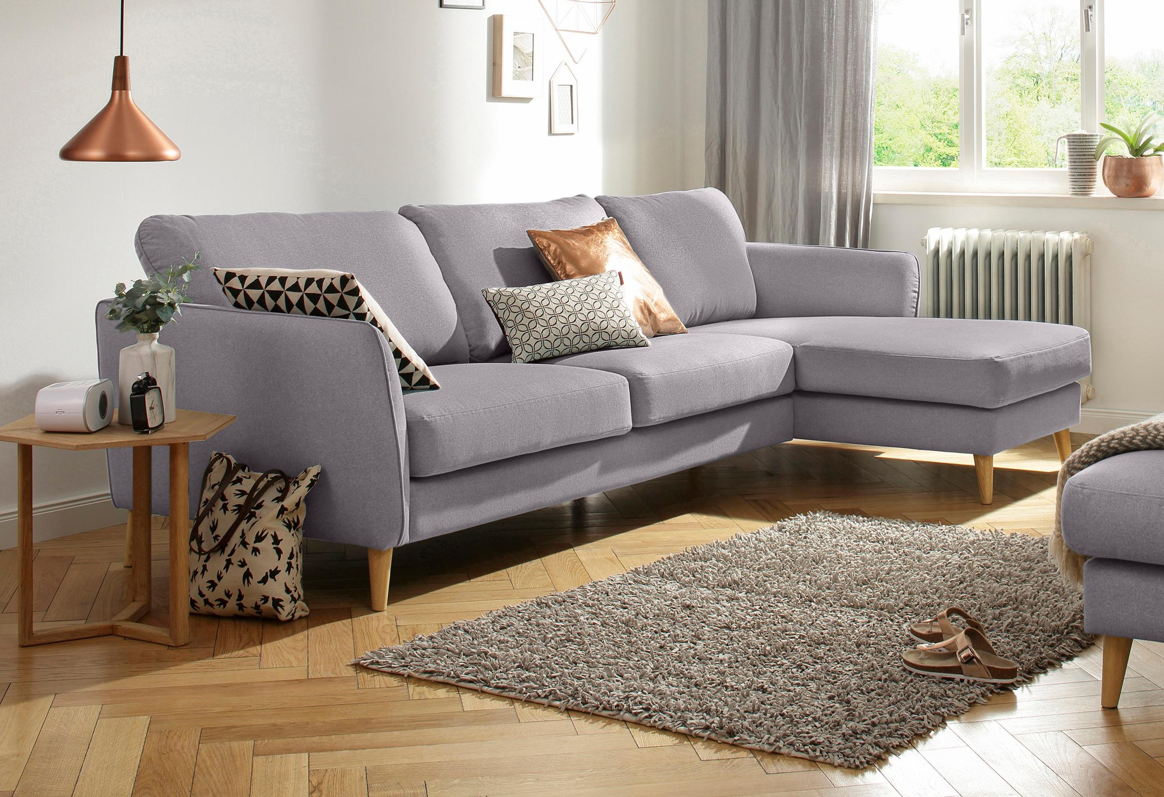 Home affaire Ecksofa »MARSEILLE (279/152cm),L-Form, Rec. rechts/links, verschiedene Bezüge«, Massivholzbeine Eiche, Landhausstil, Wellenunterfederung
