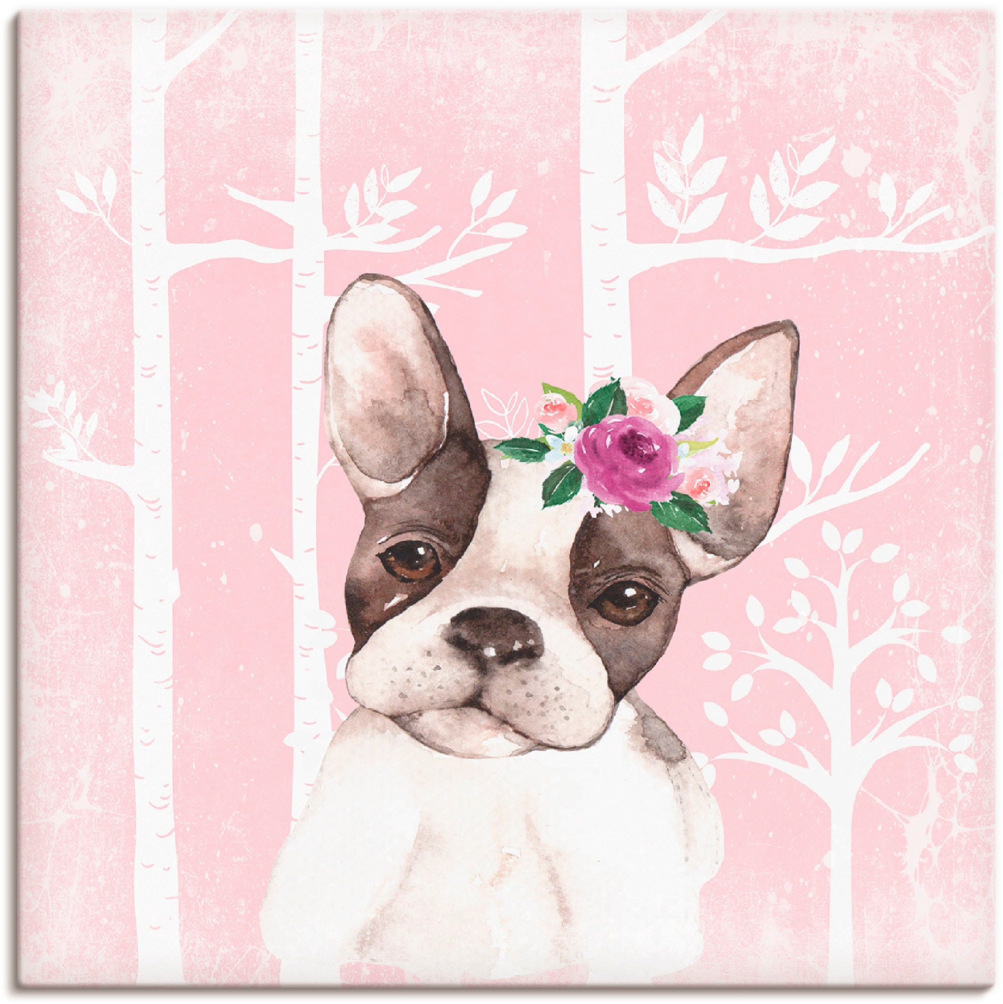 Artland Wandbild »Mops Hund mit Blumen im pink Wald«, Tiere, (1 St.), als Poster, Wandaufkleber in verschied. Größen