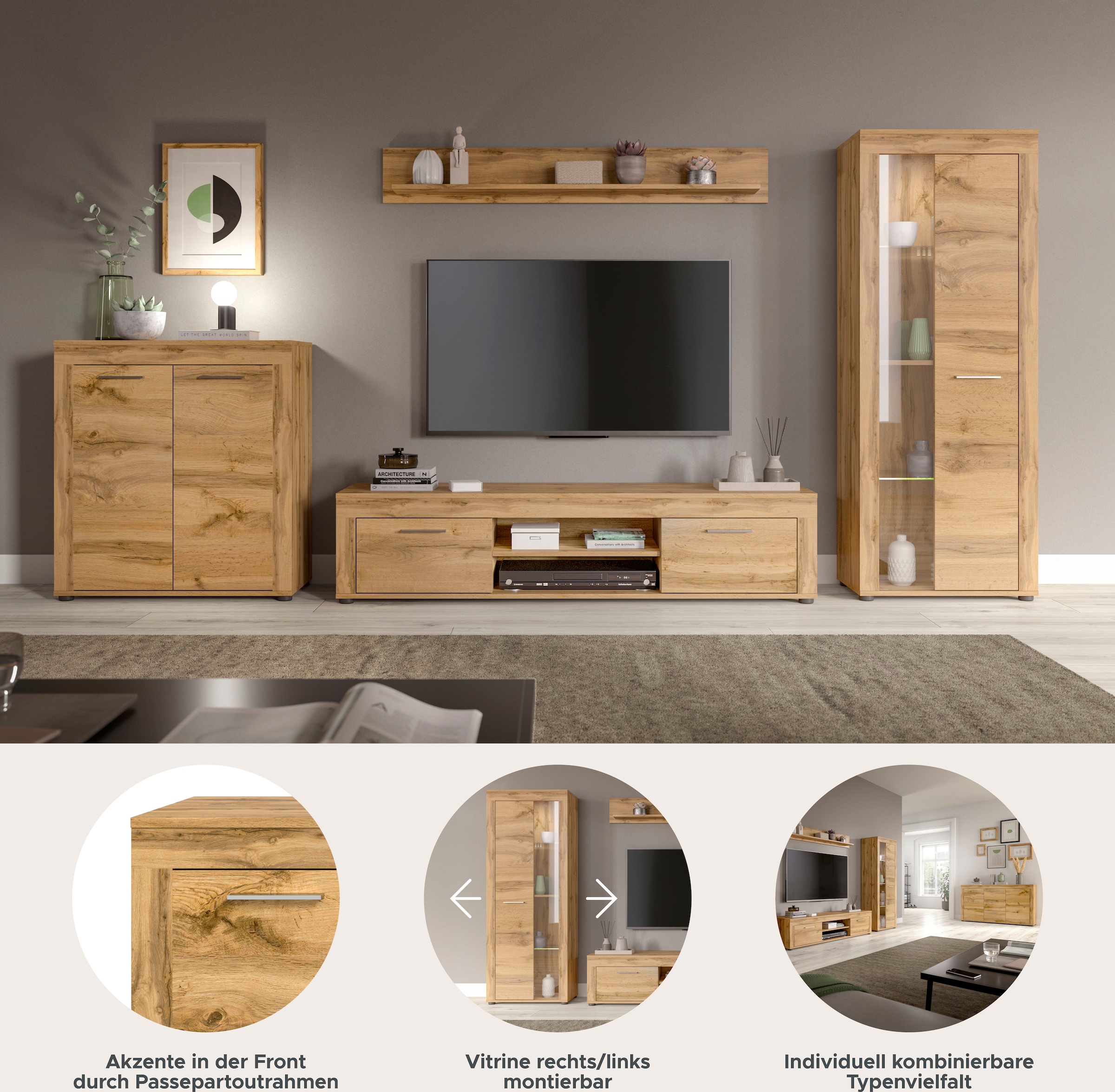 INOSIGN Wohnwand »Aosta, Breite 330cm, best. aus Highboard, Lowboard, Wandboard, Vitrine«, (4 St.), Wohnwand, Kombination, Anbauwand, Möbel Set, Schrankwand, Möbel Kombi