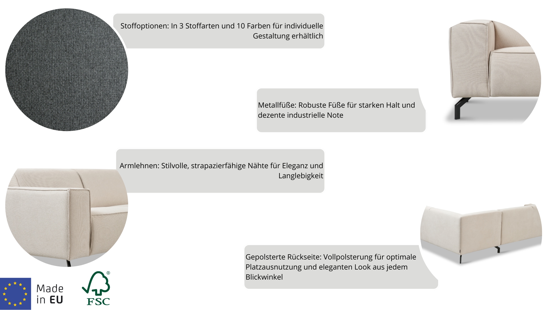 Places of Style Ecksofa »Lorcan, Breite 275 cm, weiches Sitzgefühl«, mit schwarzen Metallfüßen, Lederoptik und in weichem Strukturstoff