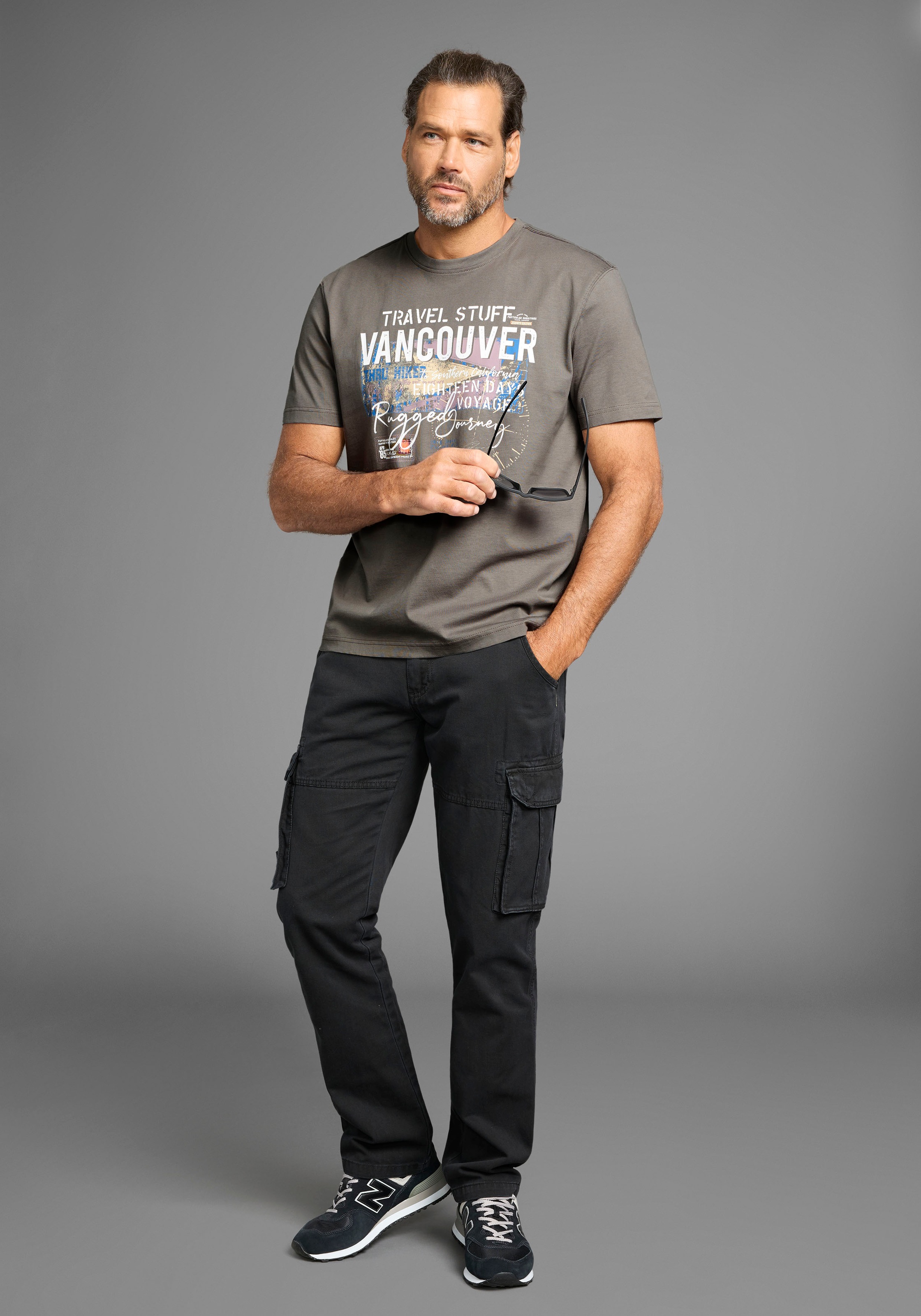 T-Shirt MAN'S WORLD, Herren, Gr. L (52/54), grau (dunkel grau), Jersey, Obermaterial: 100% Baumwolle, bedruckt, regular fit, Rundhals, Shirts T-Shirt, Kurzarm, bedruckt, Rundhalsausschnitt, aus dehnbarem Jerseystoff 3
