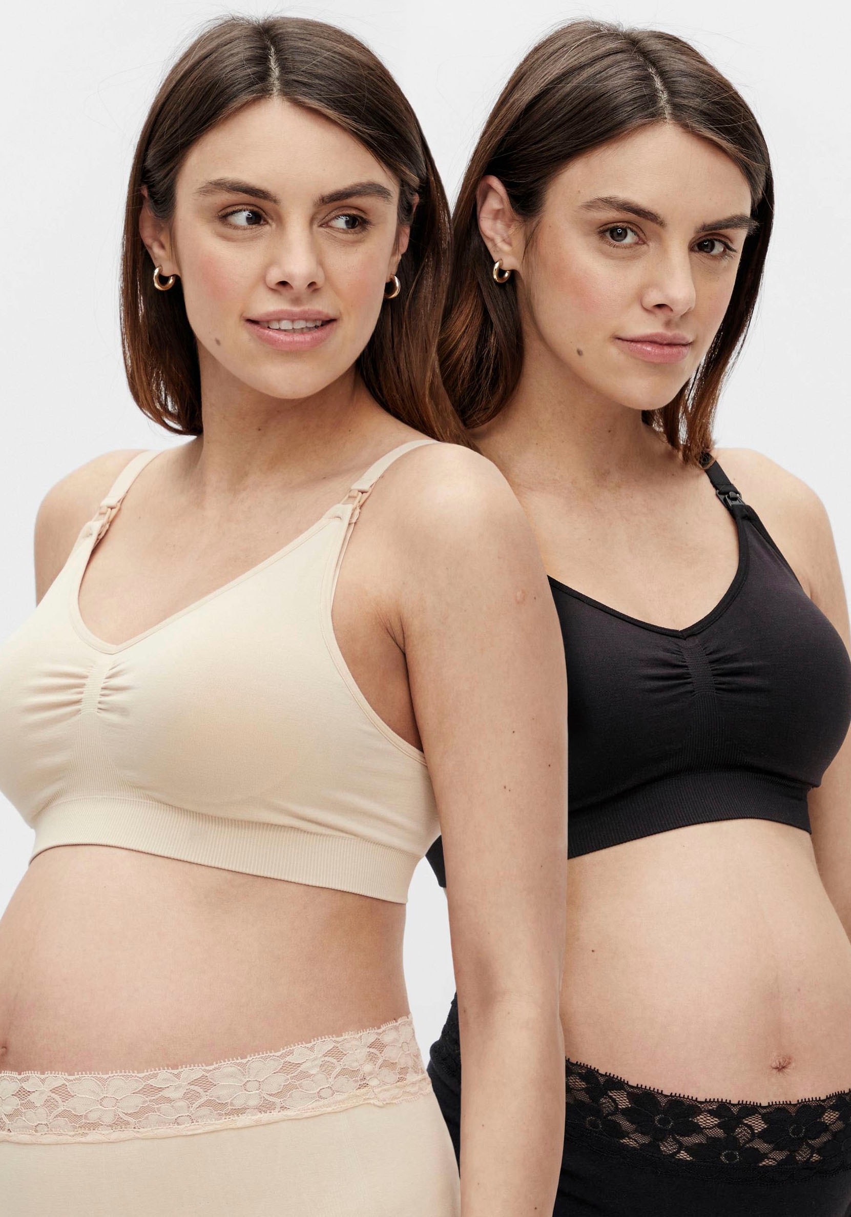 Bustier MAMALICIOUS "MLILJA FEED ME BRA NF 2-P A. NOOS", Damen, Gr. S, N-Gr, schwarz (schwarz, mellow buff), Jersey, Obermaterial: 73% Nylon, 20% Polyamid, 7% Elasthan, unifarben, normal, BHs Bustier, mit abnehmbarem Träger