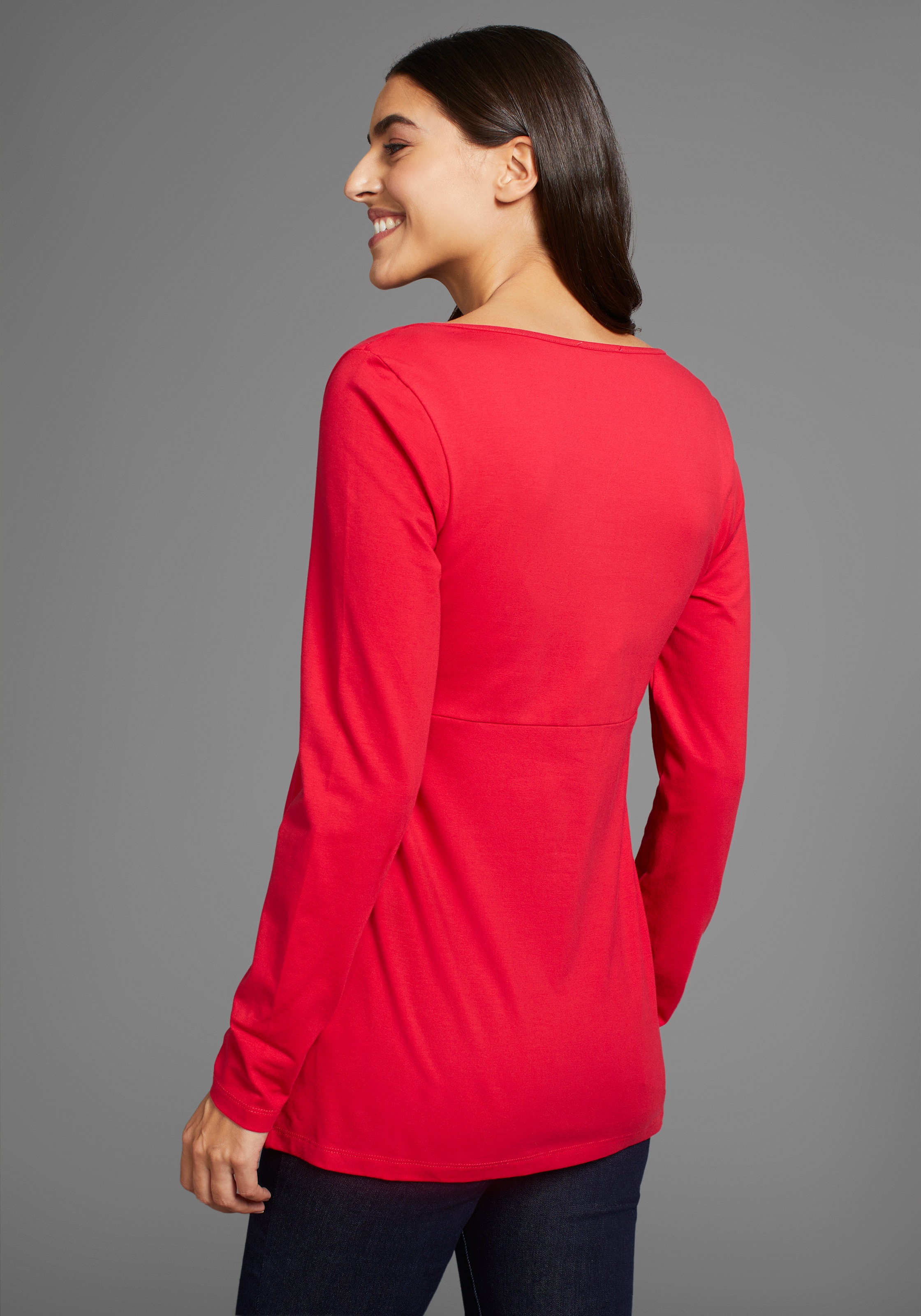 Umstandsshirt NEUN MONATE "2er Pack Shirts für Schwangerschaft und Stillzeit", Damen, Gr. 36/38, schwarz (schwarz, rot), Jersey, Obermaterial: 95% Baumwolle, 5% Elasthan, unifarben, Basic, Basic, V-Ausschnitt, Shirts Umstandsshirt, Langarm, Basic-Schnitt, 3
