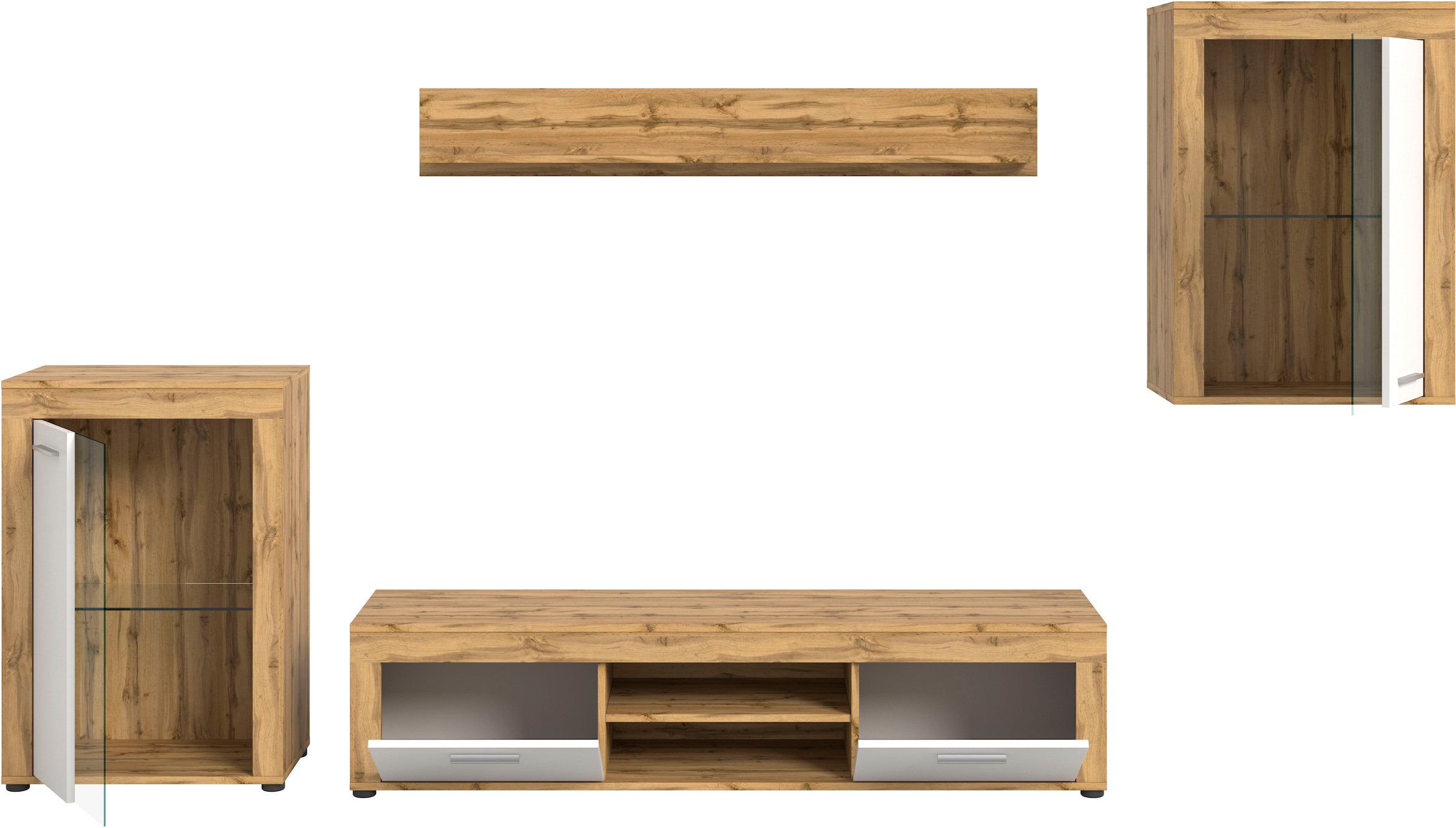 INOSIGN Wohnwand »Aosta, 4-tlg., bestehend aus: 2x Vitrine, Lowboard & Wandboard«, (4 St.), Wohnwand, Kombination, Anbauwand, Möbel Set, Schrankwand, Möbel Kombi