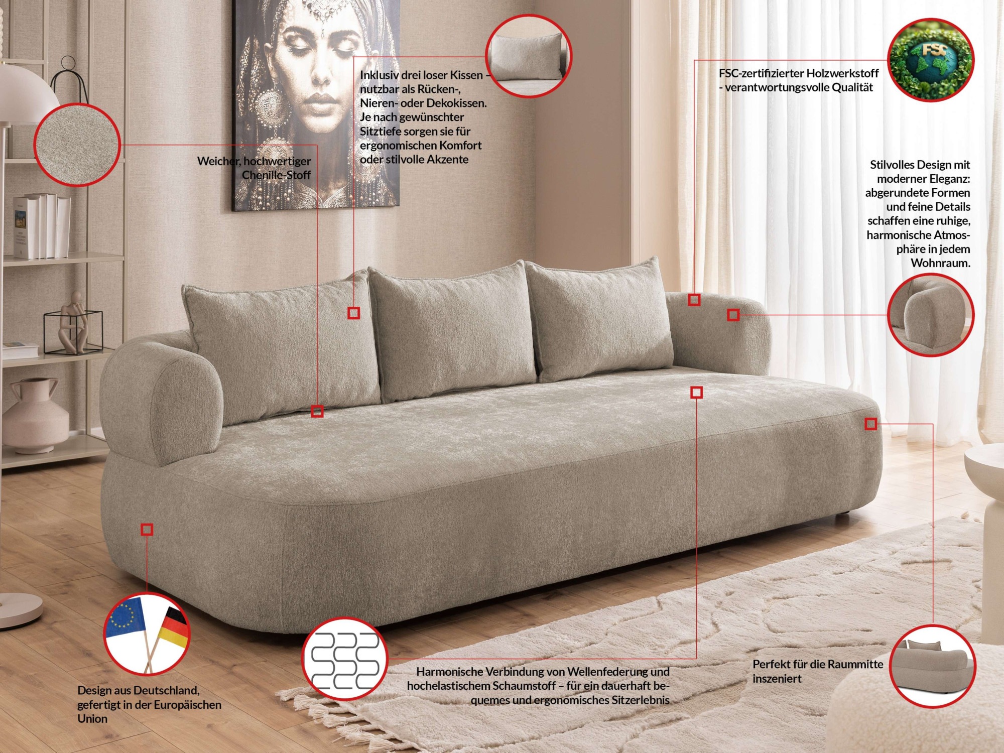 Thumbnail - Home affaire Big-Sofa "LUSSAC 4-Sitzer Design-Sofa mit Zierkissen, Maße B/T/H: 242/123/78 cm" hoher Sitzkomfort und mode...