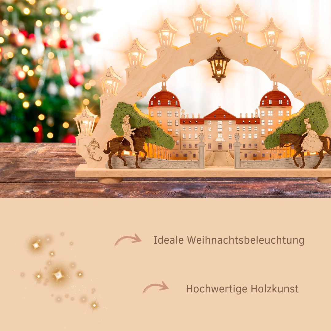 Weigla LED Schwibbogen »Moritzburg, Lichterbogen aus Holz«, Erzgebirge garantiert, Weihnachtsdeko Innen, Weihnachtsbeleuchtung