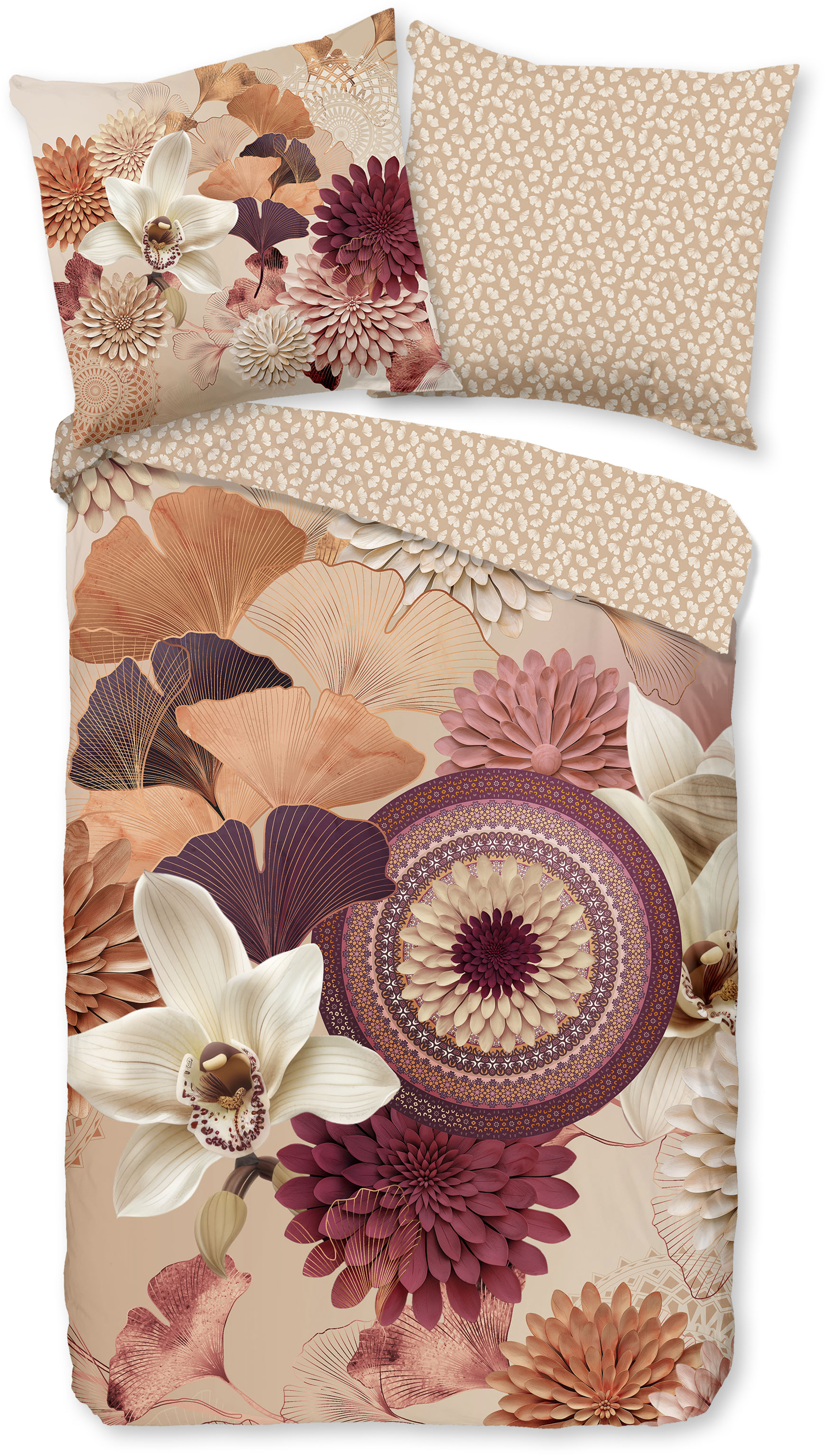 hip Wendebettwäsche "Quente" 2 Stk. Satin, Reißverschluss, Wendeoptik, Mandala, Blume, Sand