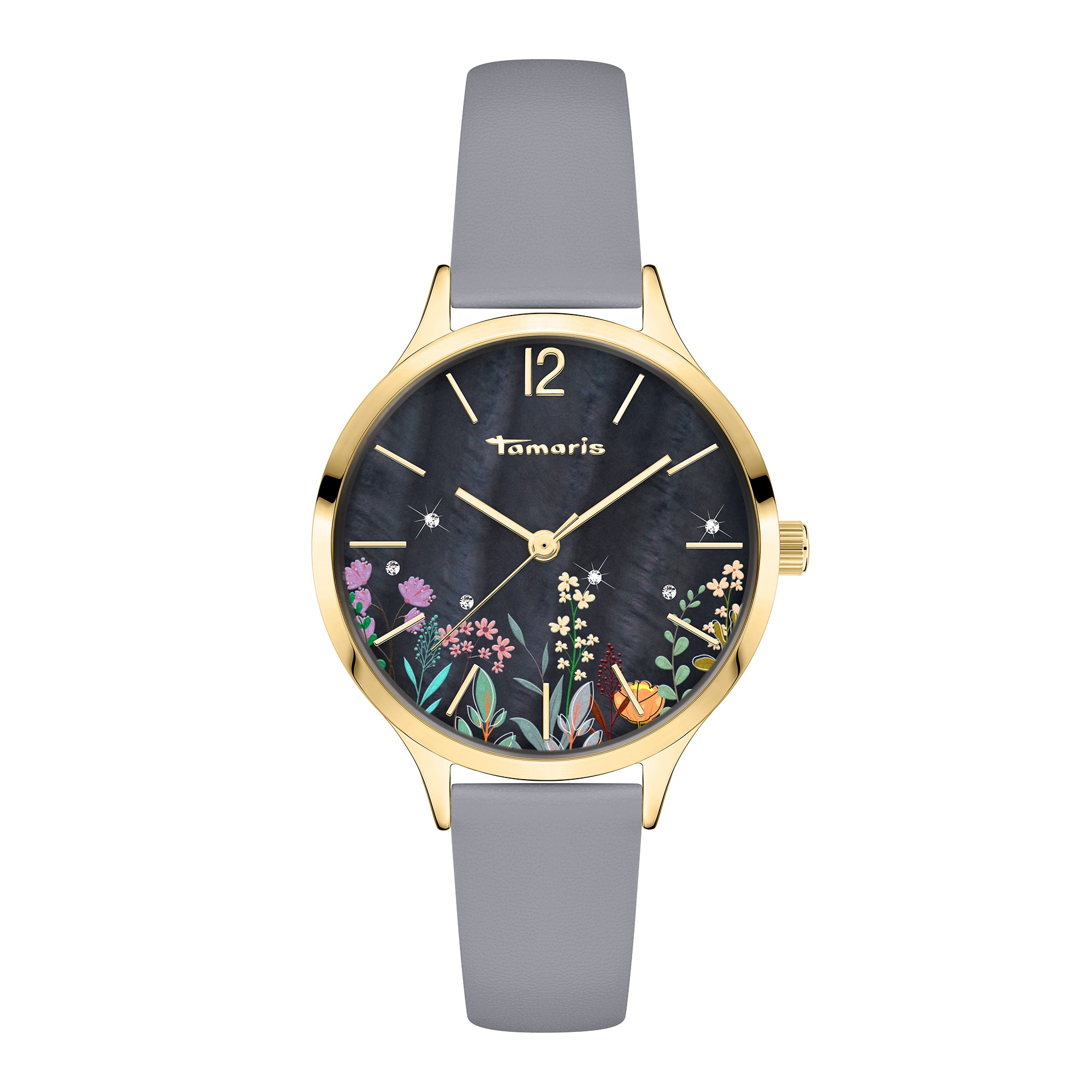 Tamaris Quarzuhr »Romantic Flowers« Armbanduhr, Damenuhr, Lederarmband, analog, Zirkonia (synth.)