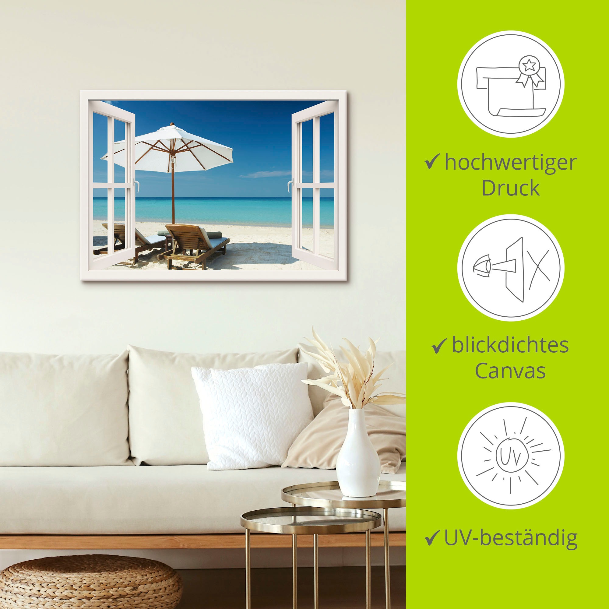Artland Wandbild »Fensterblick - Zwei Liegestühle«, Fensterblick, (1 St.), als Leinwandbild, Wandaufkleber in verschied. Größen