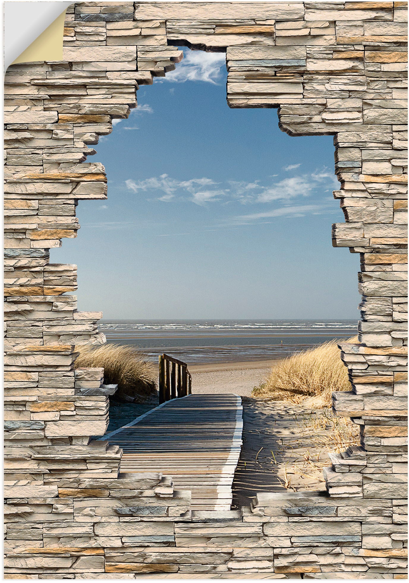 Poster oder Wandaufkleber Stein Leinwandbild, in Steg Wandbild als Strandbilder, bestellen (1 St.), »Nordseestrand versch. | Größen Alubild, Langeoog Artland BAUR Mauer«,