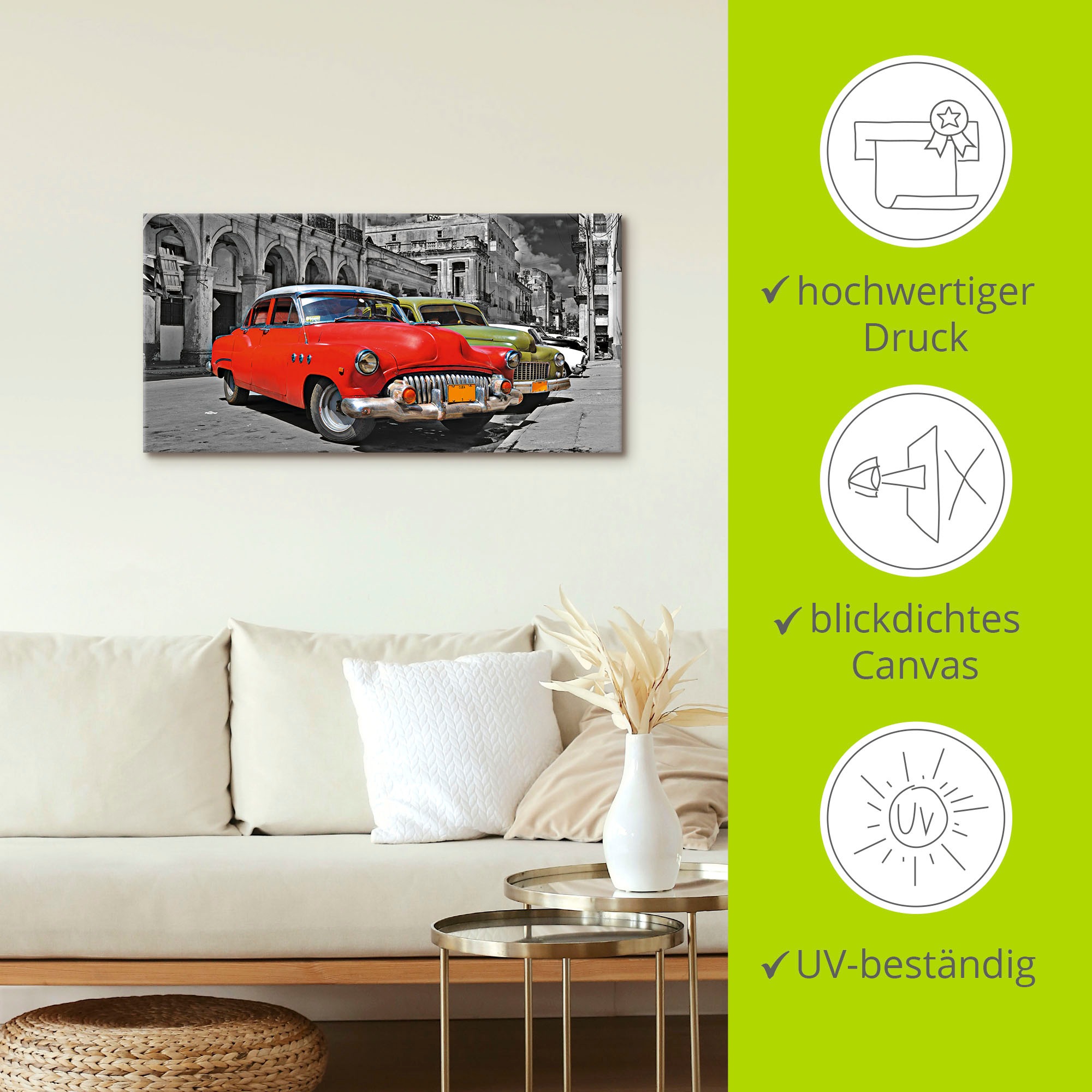 Artland Wandbild »Ansicht von bunten Havanna Autos«, Auto, (1 St.), als Alubild, Outdoorbild, Leinwandbild, Wandaufkleber, versch. Größen