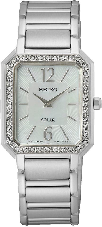SEIKO Damen Solaruhr, silber, Armbanduhren, Armbanduhr, Damenuhr, Perlmutt-Zifferblatt, Kristallsteine, Edelstahl