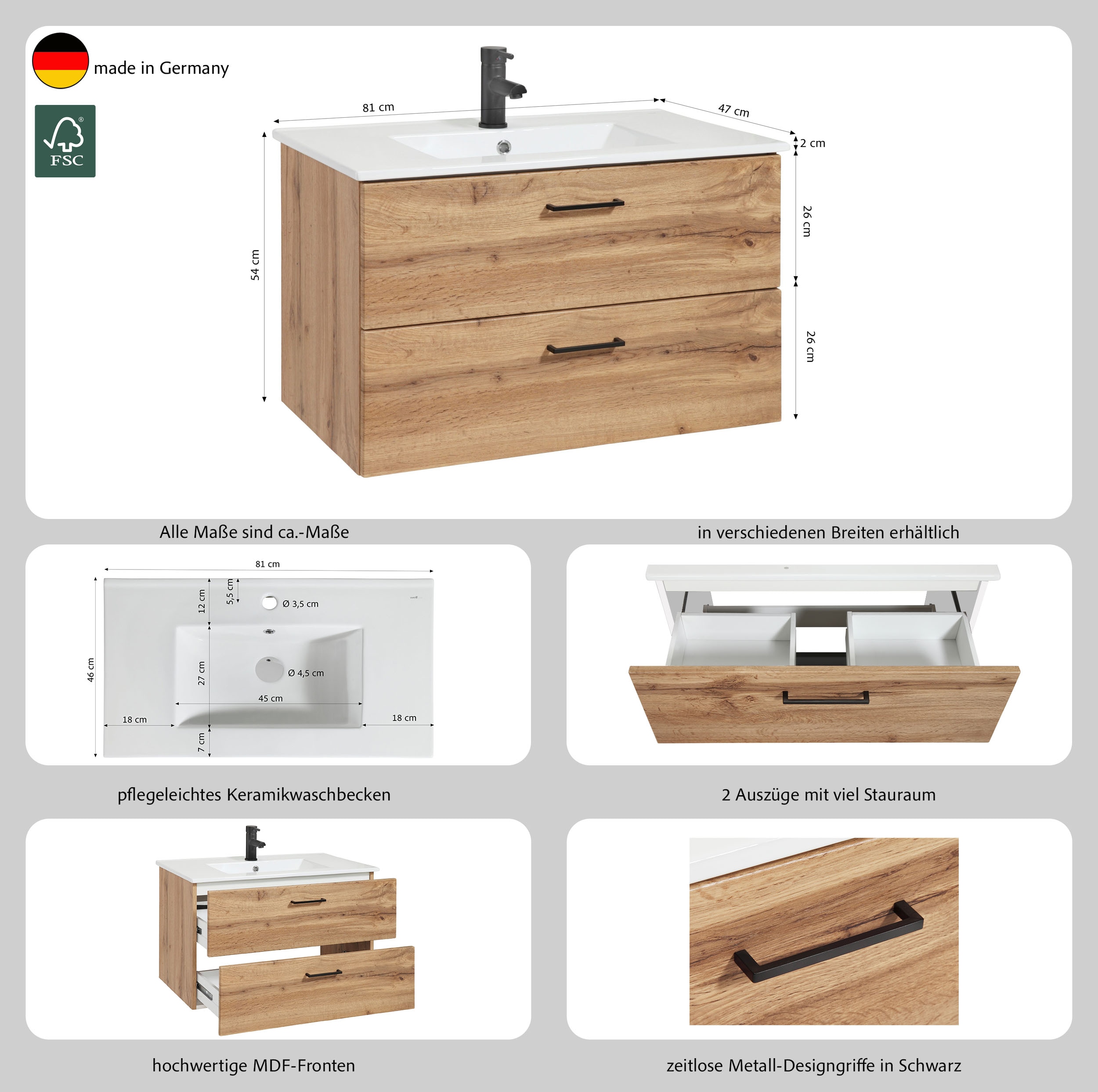 Thumbnail - welltime Waschtisch "Trento Badezimmerschrank mit Becken Bestseller" Badmöbel in Breite 80 cm, Waschplatz mit 2 Schublad...