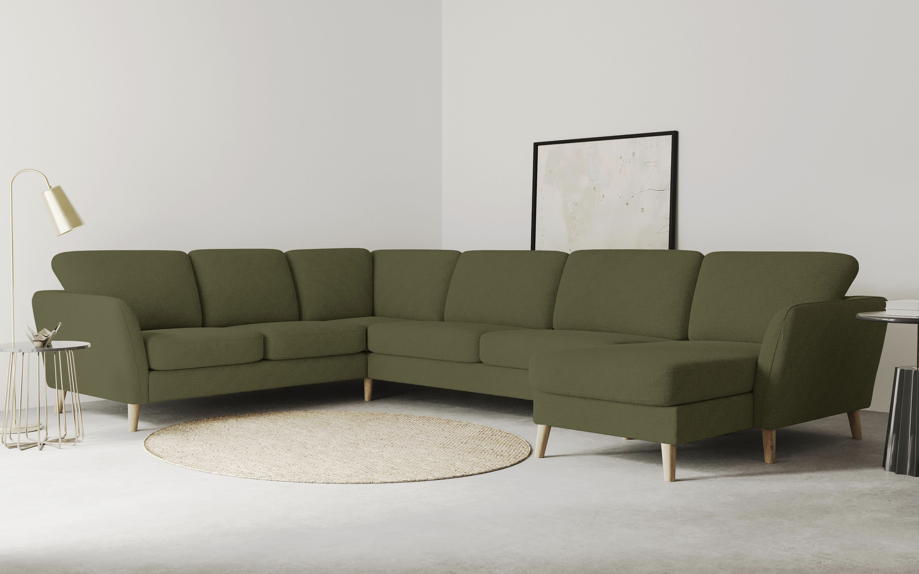 OTTO home Wohnlandschaft "MARSEILLE XXL 349cm, U-Form, Ottomane rechts/links wählbar" Massivholzbeine aus Eiche, In verschieden Bezügen und Farbvarianten