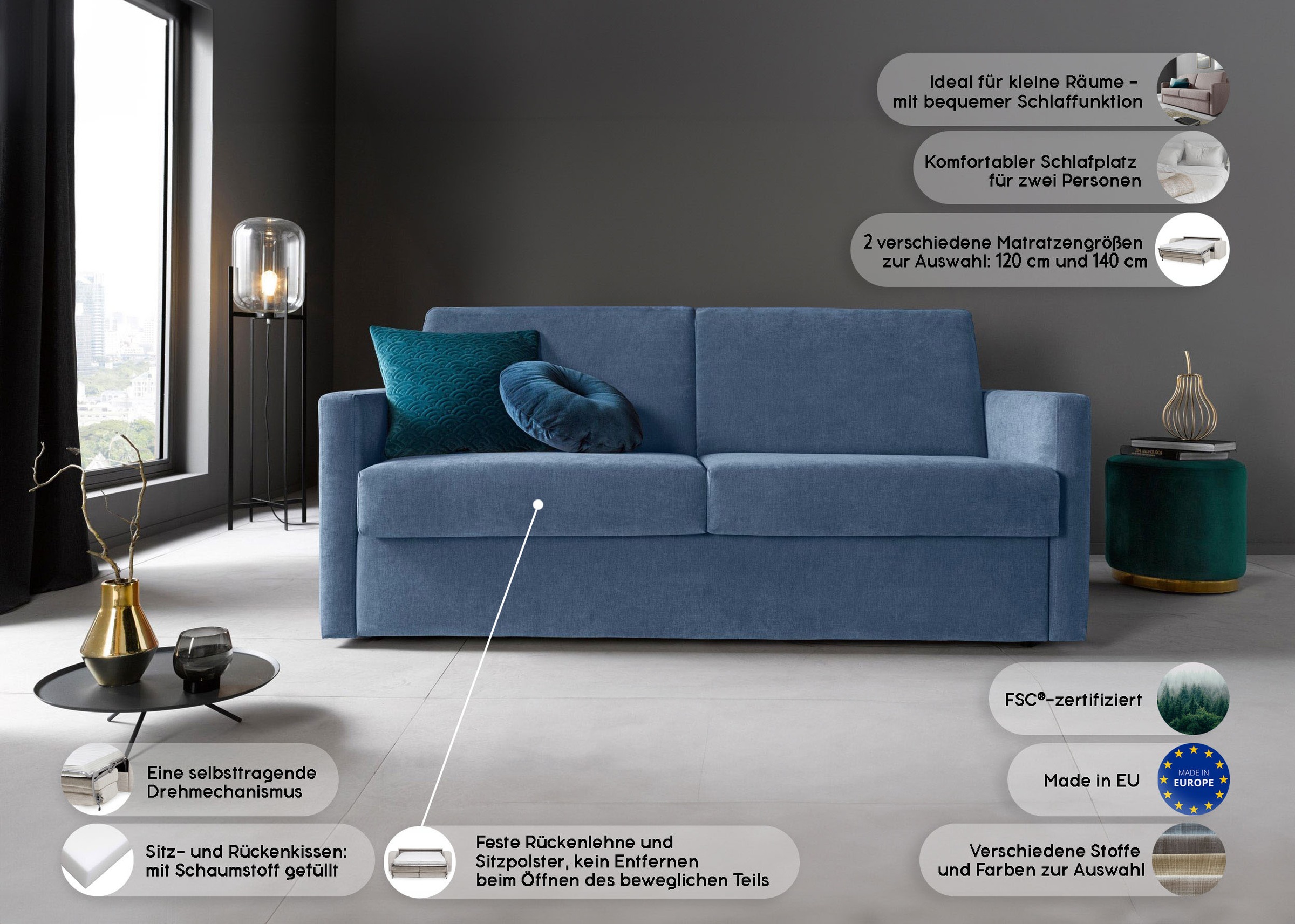 Places of Style Schlafsofa »Goldpoint 162 cm, Dauerschläfer, Liegefläche 120/200cm,«, 2-Sitzer mit Bettfunktion, Bonell-Federkernmatratze