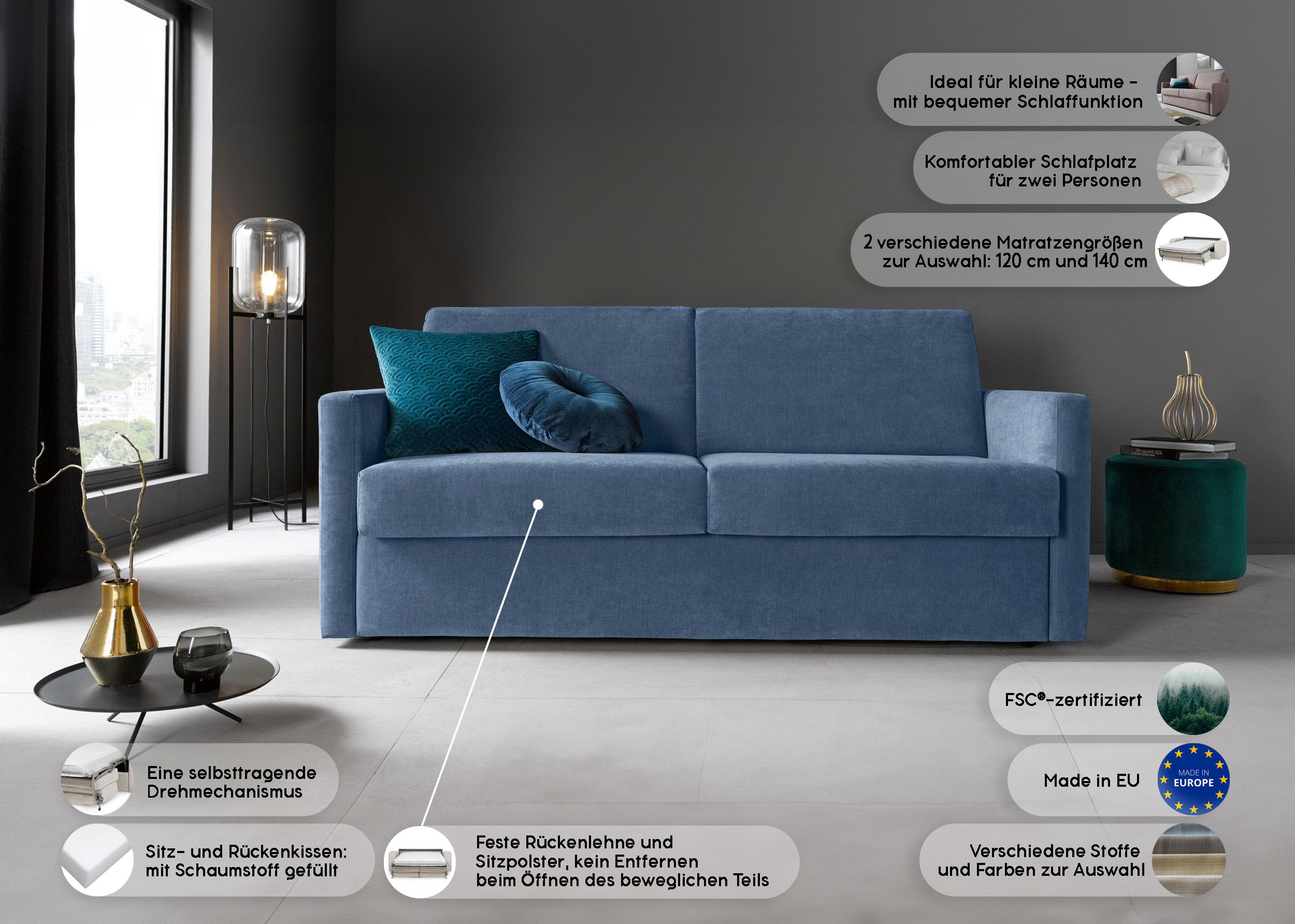 Thumbnail - Places of Style Schlafsofa "Goldpoint 162 cm, Dauerschläfer, Liegefläche 120/200cm,", 2-Sitzer mit Dauerschläfer-Funktio...