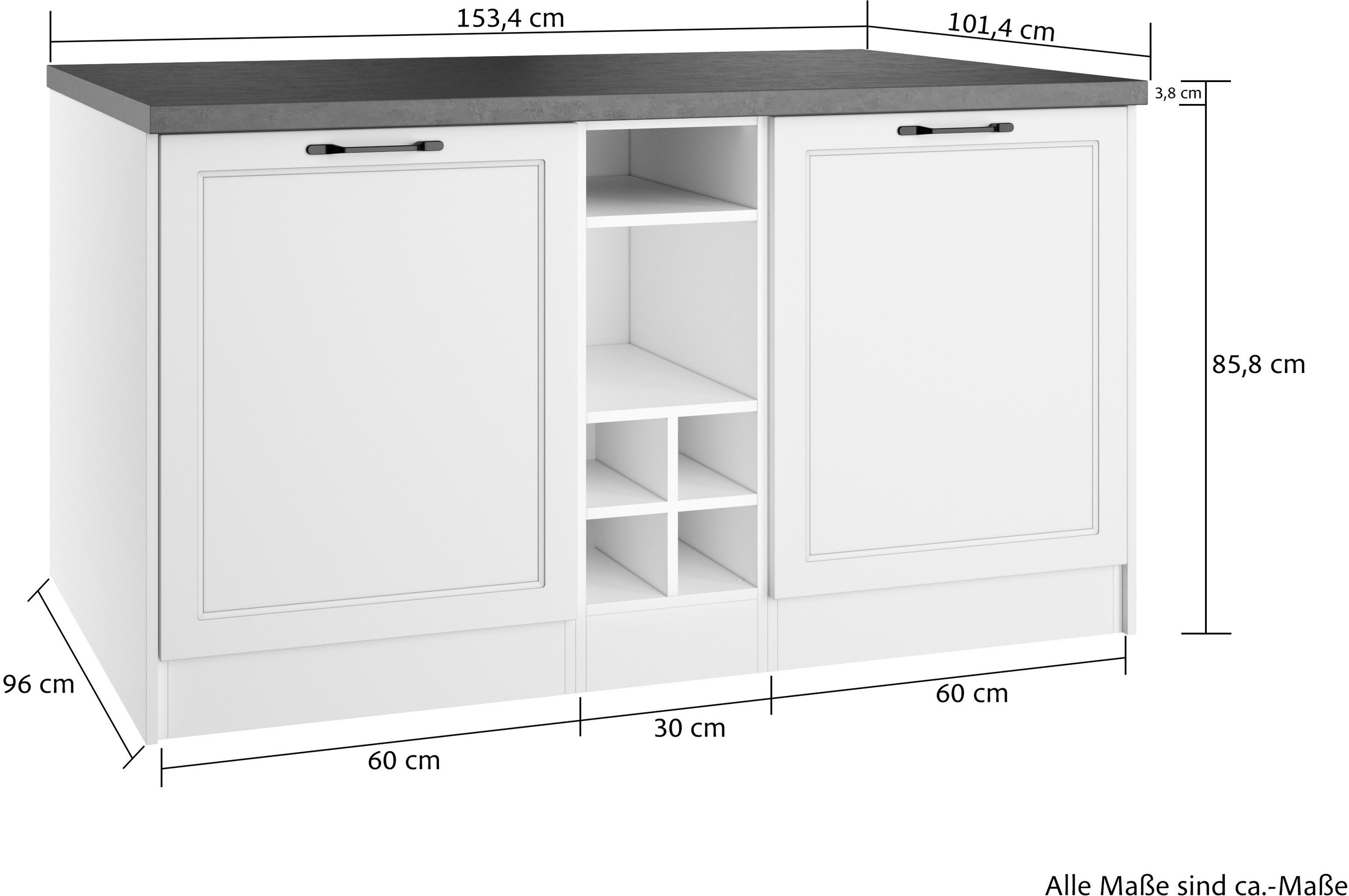 KOCHSTATION Kücheninsel »KS-Lani, Breite 153 cm, mit Flaschenregal«, MDF-Fronten, Arbeitsplatte 38mm stark