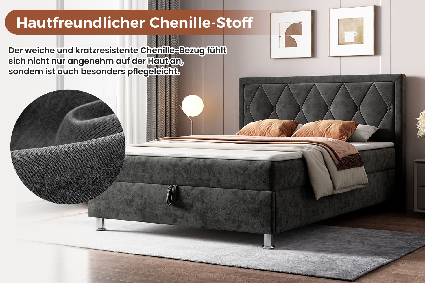 OTTO home Boxbett »EMILLIAN, Polsterbett mit Bettkasten und Taschenfederkernmatratze H3« mit Kaltschaumtopper, Chenille-Bezug, Liegefläche 140x200 cm