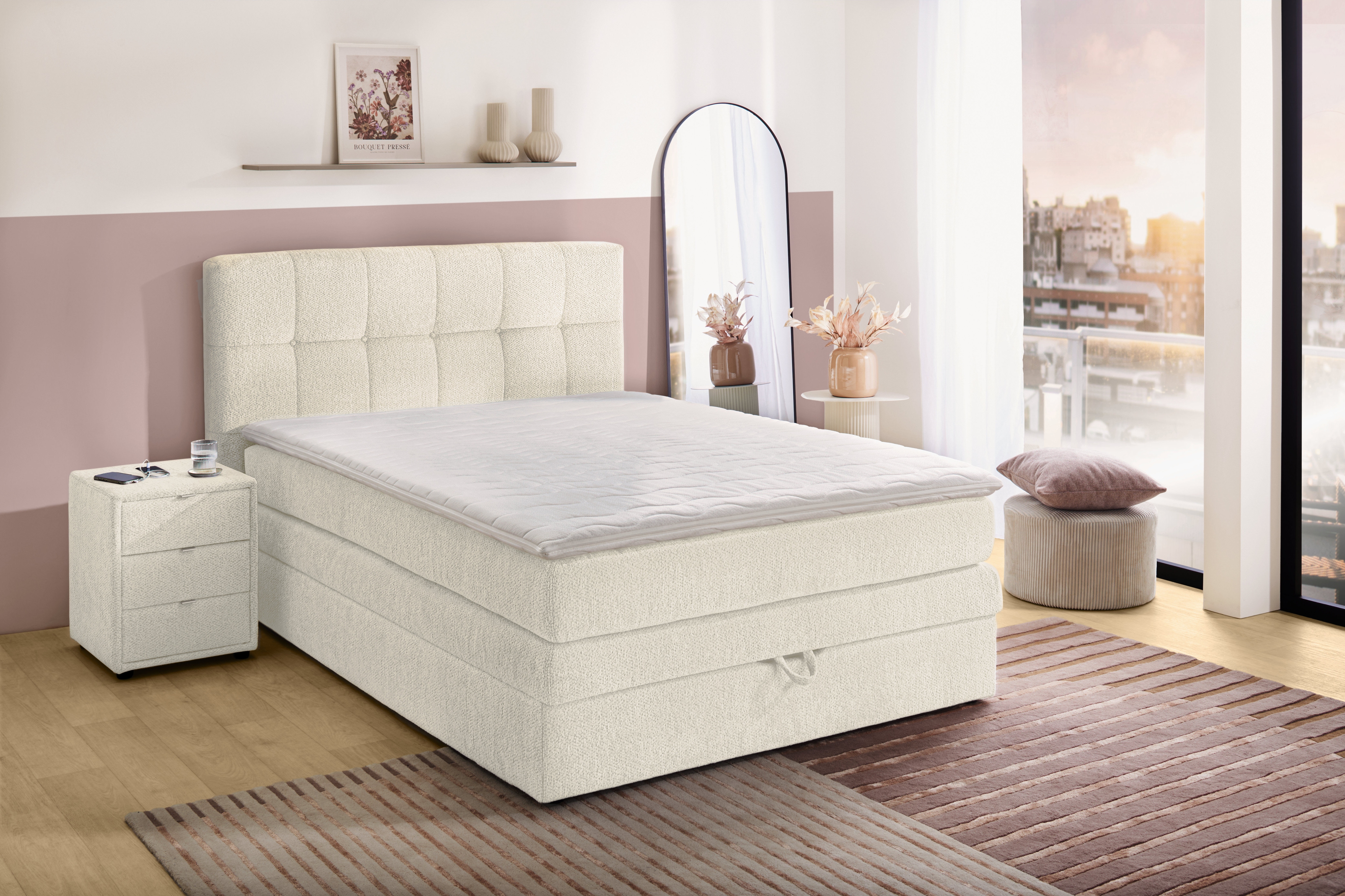 Jockenhöfer Gruppe Boxspringbett "AMY mit Bettkasten, inkl. Bonnell- oder Taschenfederkernmatratze H2-H4" mit 6 cm Kaltschaum-Topper, Chenille-Bezug, 120x200 und 140x200 cm