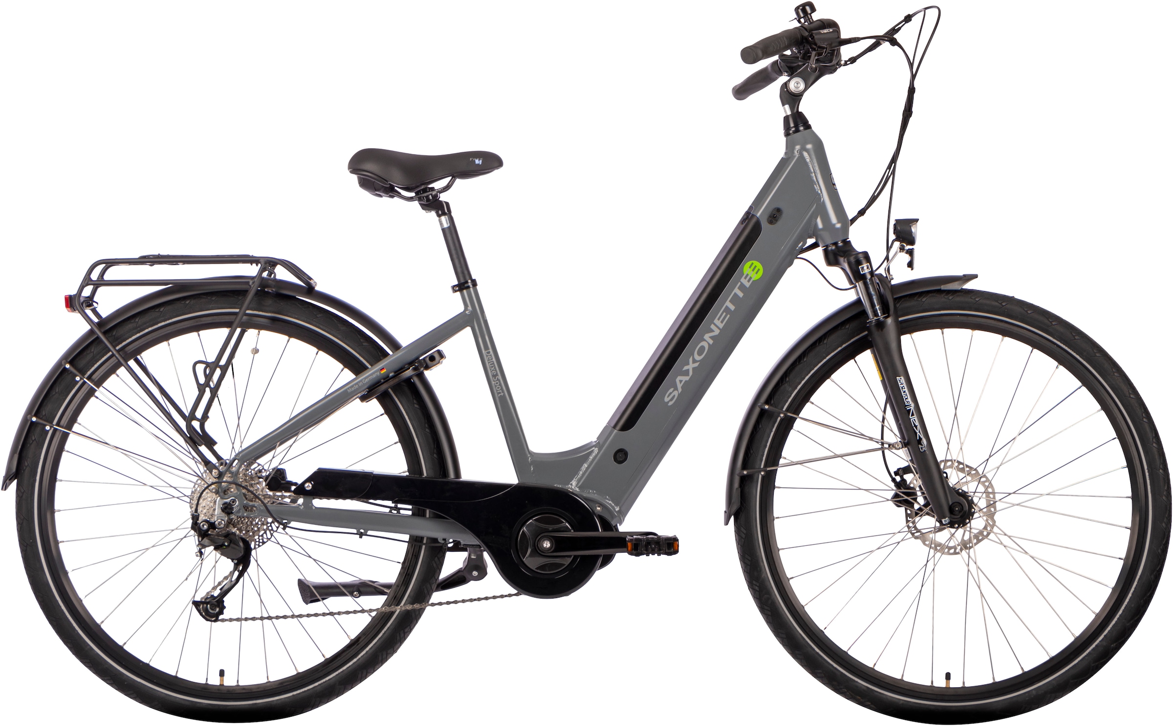 E-Bike SAXONETTE "E-Bike Cityrad Deluxe Sport (Wave)" Gr. 50, schwarz (grau, silber, schwarz), Elektrofahrräder, 50cm, 28 Zoll (71,12cm), (mit integr.