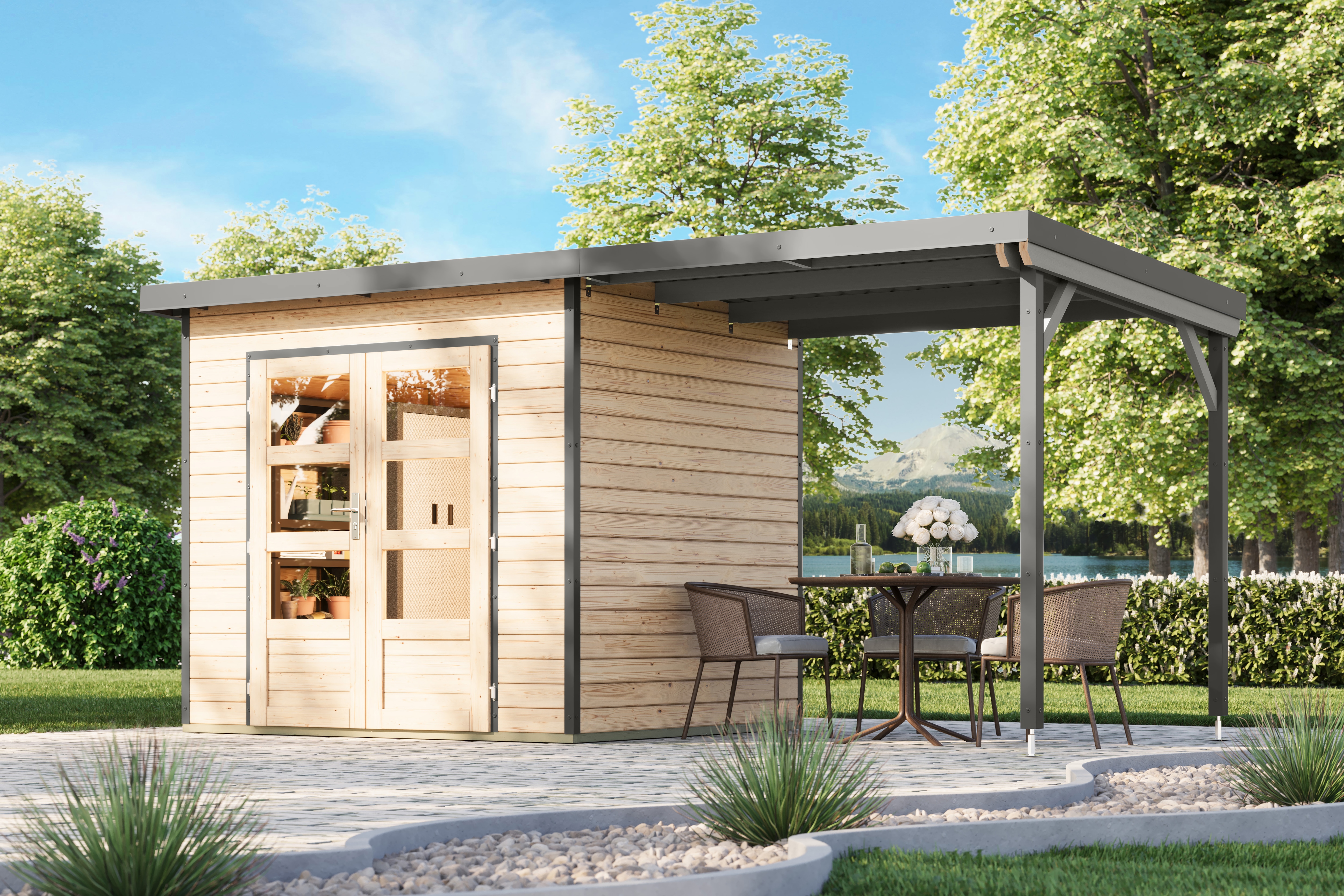 Karibu Gartenhaus "Plutino 2 SET, in verschiedenen Farben" inkl. Anbaudach