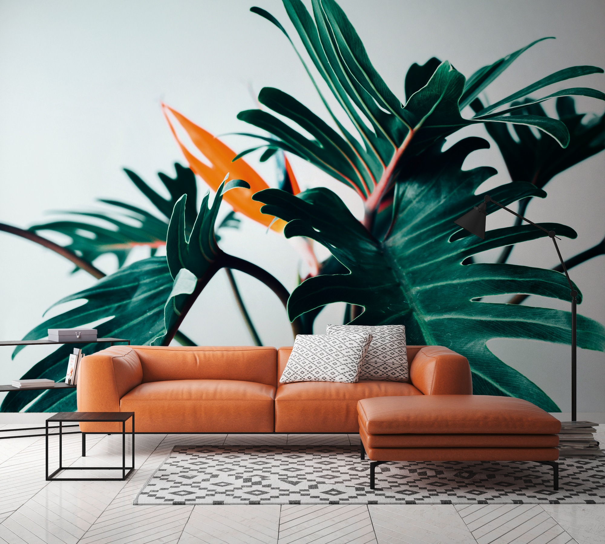 Vliestapete A.S. CRÉATION "PflanzenFototapete Monstera Dunkelgrün Orange", blau, B:2,55m H:0,02m L:3,5m, Vlies, Tapeten - B/L: 2,55m x 3,5m, Rollen: 1