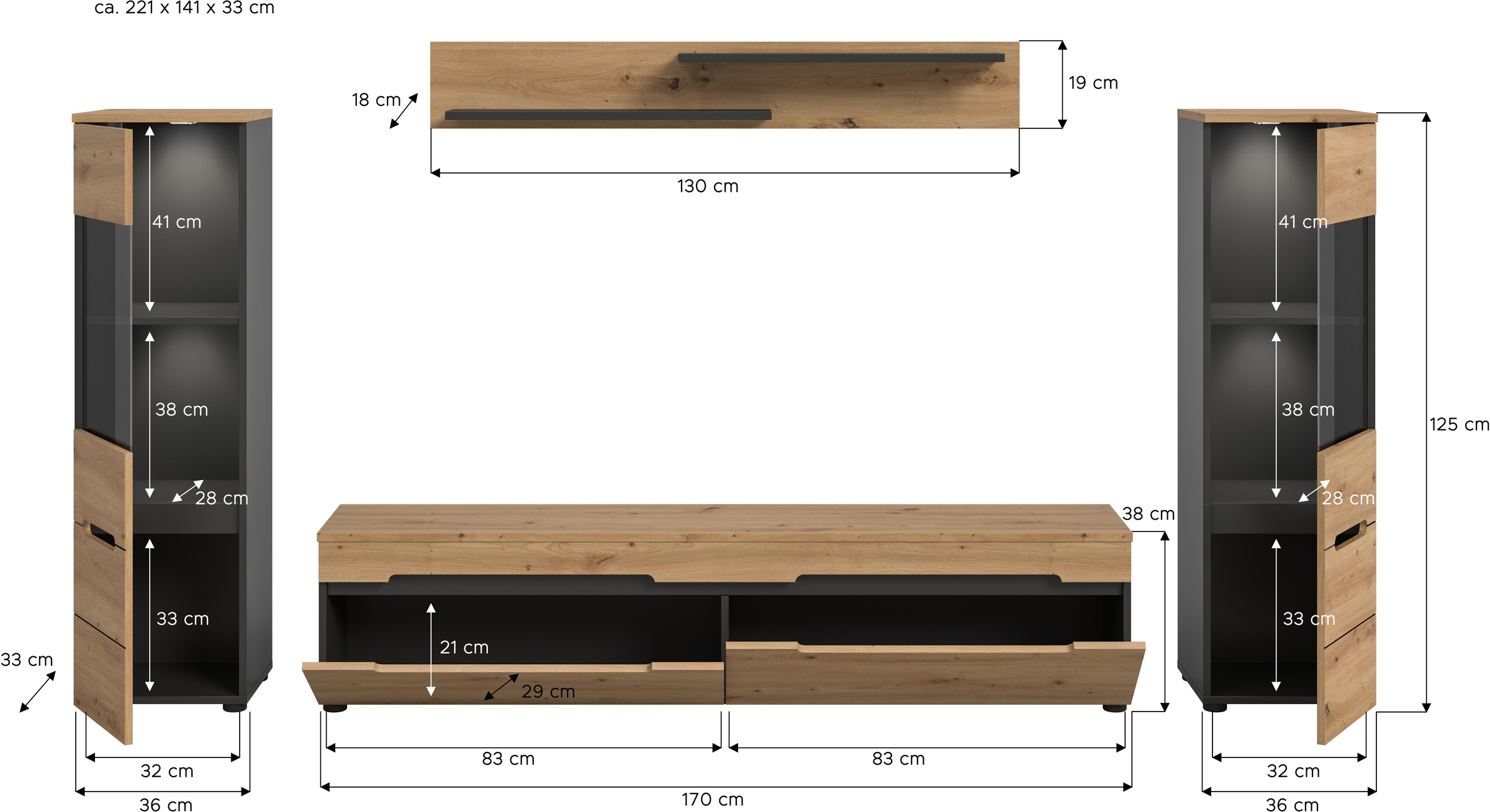INOSIGN Wohnwand »REHAT, TOPSELLER!, 4-teilig, inkl. Beleuchtung, stehend oder hängend«, (4 St., Set bestehend aus: 2x Vitrine inkl. Beleuchtung, Lowboard & Wandboard), Kombination, Anbauwand, Set, Wohn-Set, Wohnzimmer-Set, Schrankwand